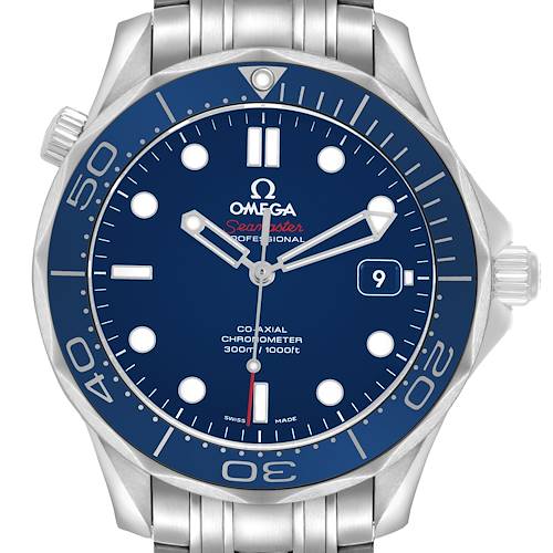 The Omega Seamaster 212.30.41.20.03.001 Men's Stainless Steel Blue Dial watch is shown from the front, displaying the dial, bezel, and part of the bracelet.