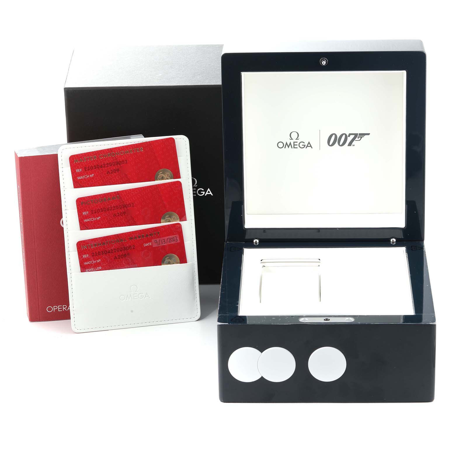 The image shows the Omega Seamaster 210.30.42.20.03.002 Men's Stainless Steel Blue Dial 210.30.42.20.03.002 Men's Stainless Steel Blue Dial model's box, warranty cards, cardholder, and outer packaging.