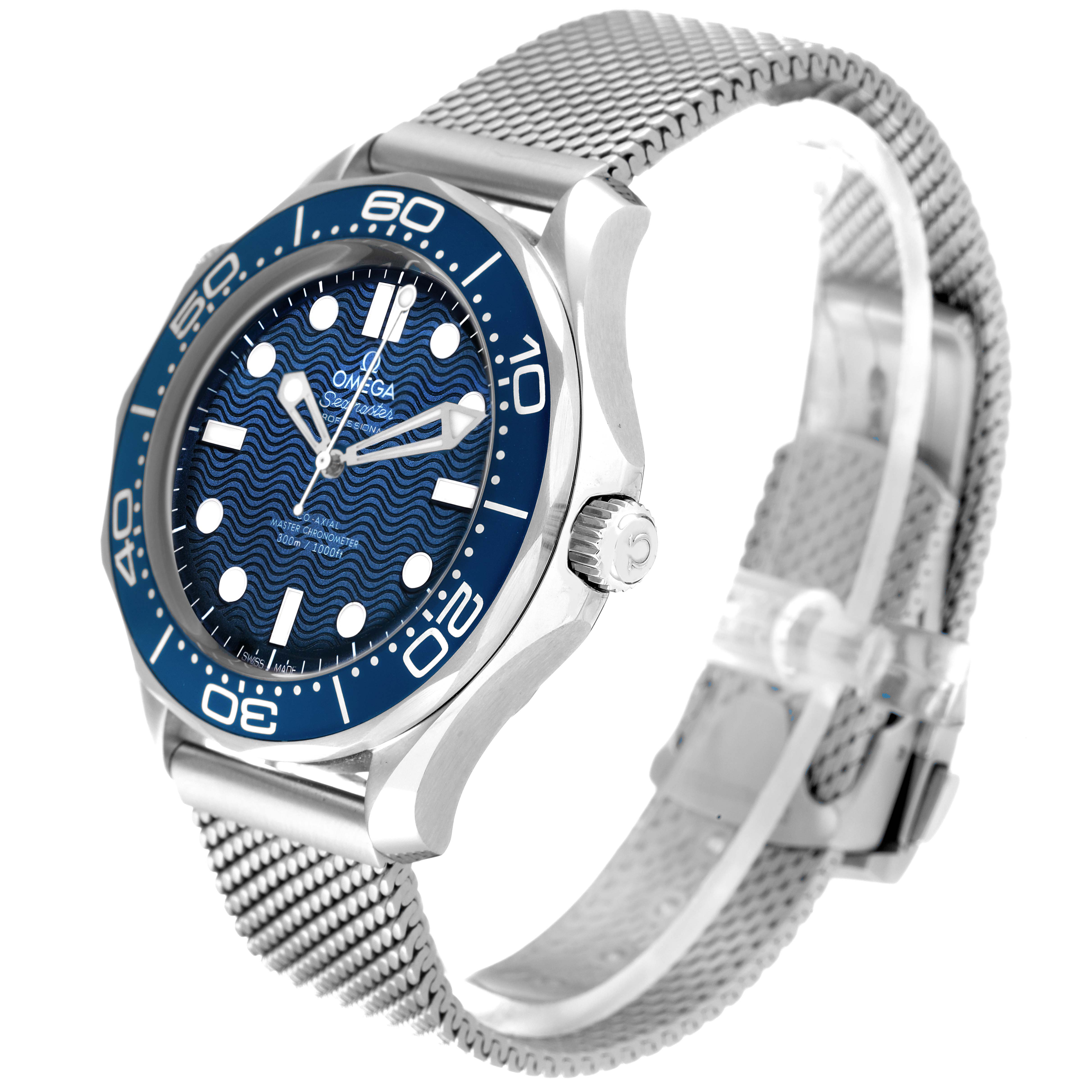 The image shows a side and front view of an Omega Seamaster 210.30.42.20.03.002 Men's Stainless Steel Blue Dial 210.30.42.20.03.002 Men's Stainless Steel Blue Dial watch with a blue dial and mesh strap.