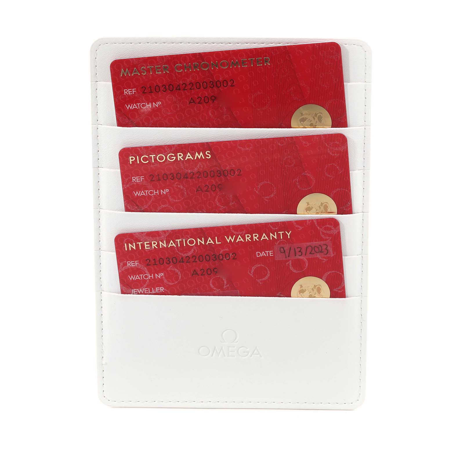 The image shows Omega Seamaster 210.30.42.20.03.002 Men's Stainless Steel Blue Dial 210.30.42.20.03.002 Men's Stainless Steel Blue Dial model warranty cards and certification cards in a white cardholder.