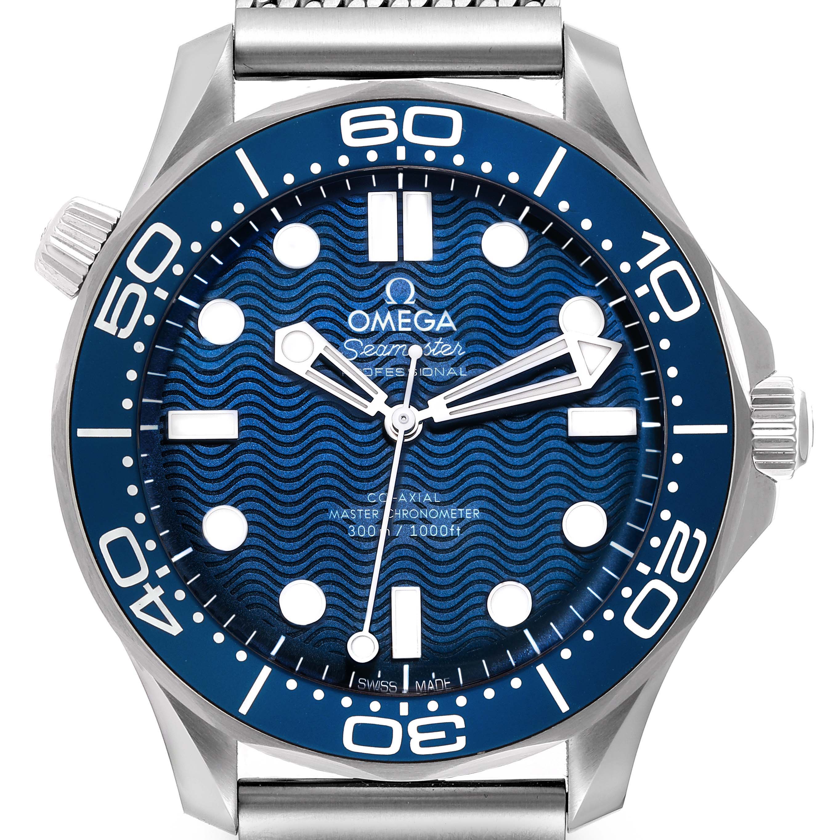 This image shows a front view of an Omega Seamaster 210.30.42.20.03.002 Men's Stainless Steel Blue Dial 210.30.42.20.03.002 Men's Stainless Steel Blue Dial watch, highlighting the dial, bezel, and crown.