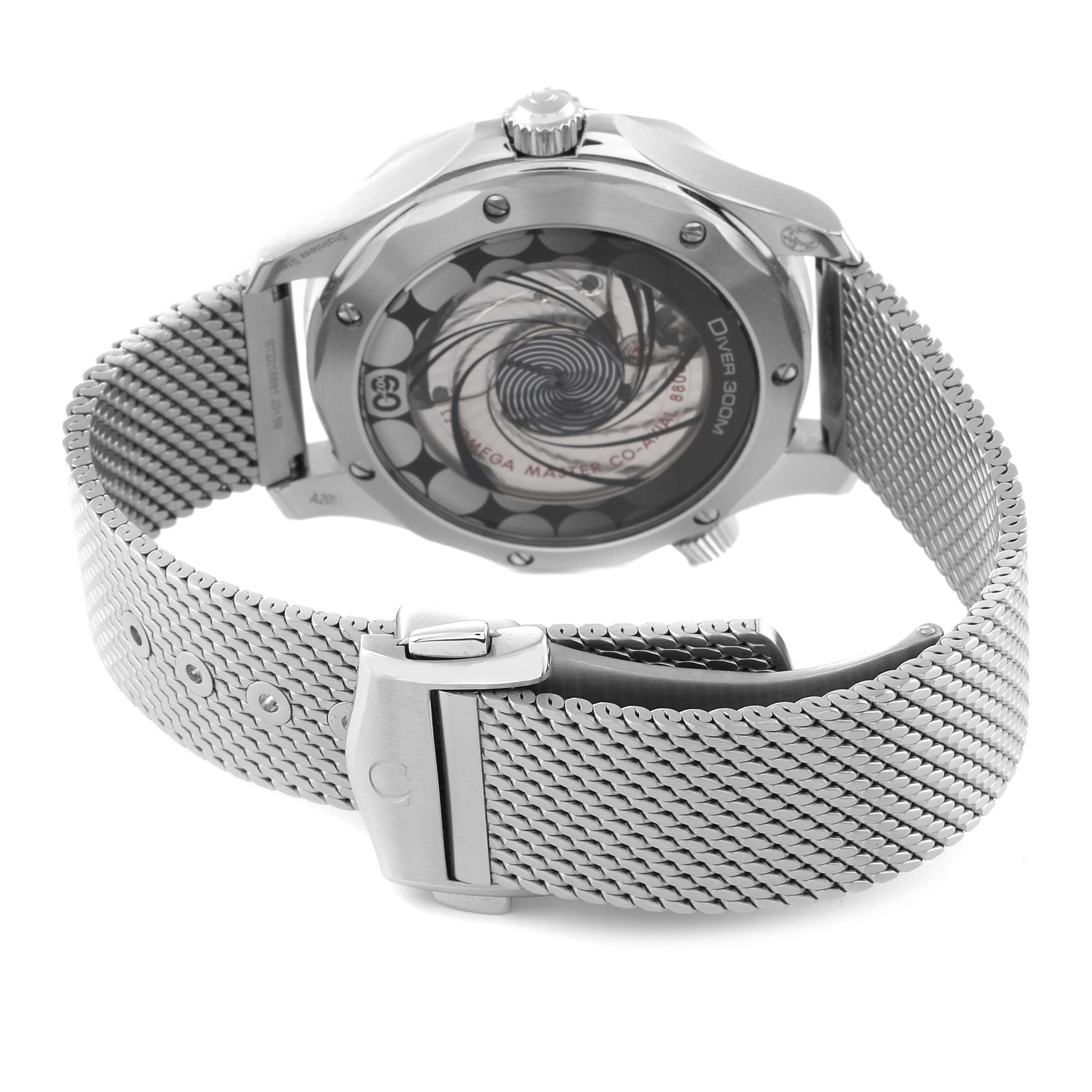 The image shows the back view of an Omega Seamaster 210.30.42.20.03.002 Men's Stainless Steel Blue Dial 210.30.42.20.03.002 Men's Stainless Steel Blue Dial watch, highlighting its case back and clasped metal bracelet.