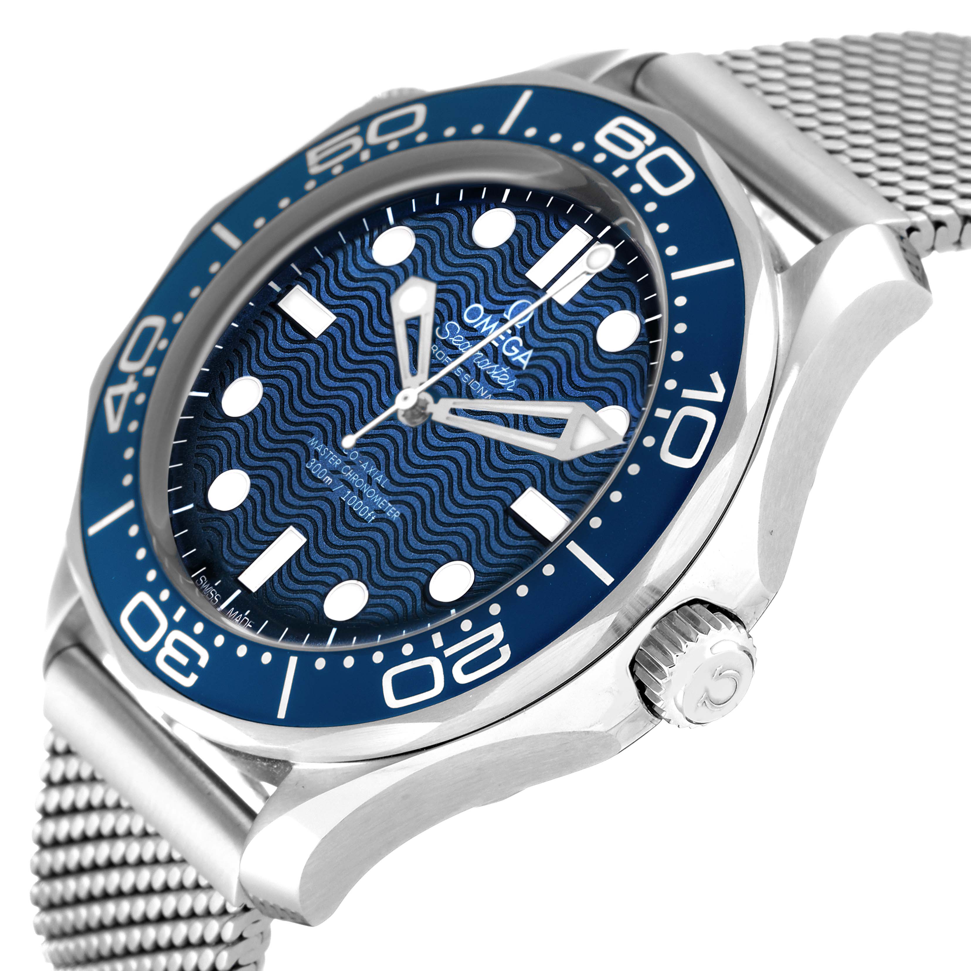 The Omega Seamaster 210.30.42.20.03.002 Men's Stainless Steel Blue Dial 210.30.42.20.03.002 Men's Stainless Steel Blue Dial watch is shown at an angled view highlighting its blue bezel, wavy dial, and mesh bracelet.