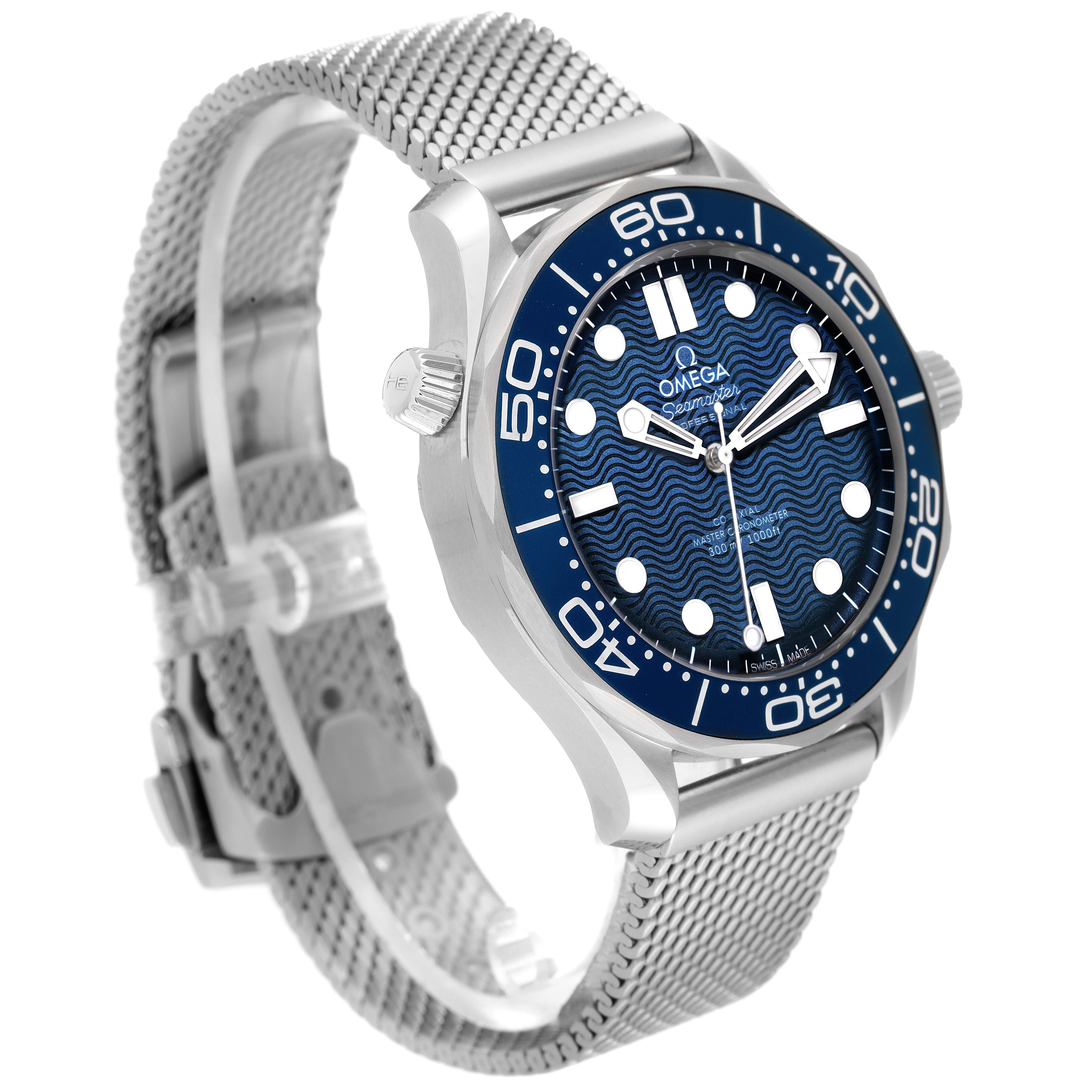 The Omega Seamaster 210.30.42.20.03.002 Men's Stainless Steel Blue Dial 210.30.42.20.03.002 Men's Stainless Steel Blue Dial watch is shown at a three-quarter angle, highlighting the blue dial, rotating bezel, and mesh bracelet.