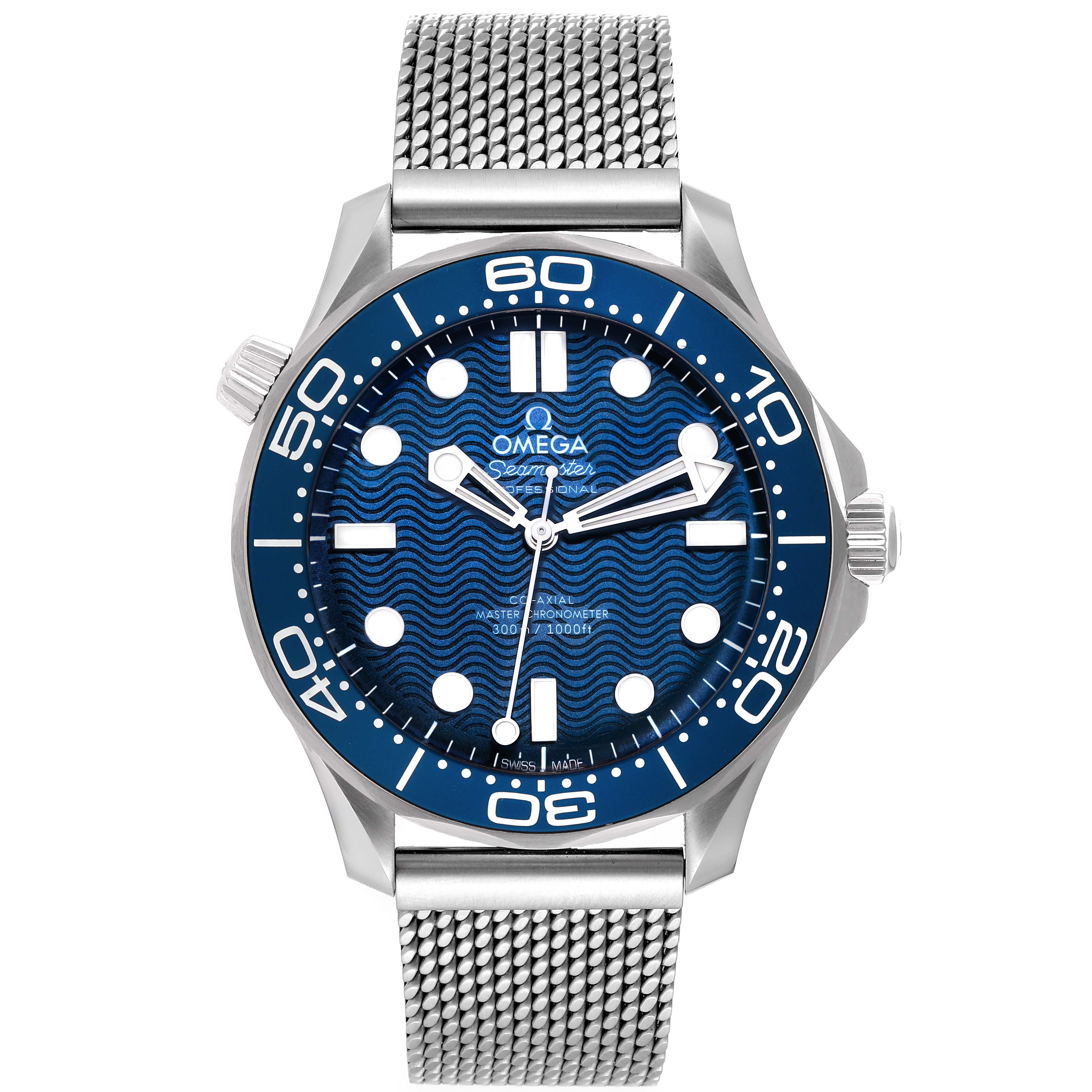 This image shows a front view of the Omega Seamaster 210.30.42.20.03.002 Men's Stainless Steel Blue Dial 210.30.42.20.03.002 Men's Stainless Steel Blue Dial watch displaying the dial, bezel, crown, and mesh bracelet.