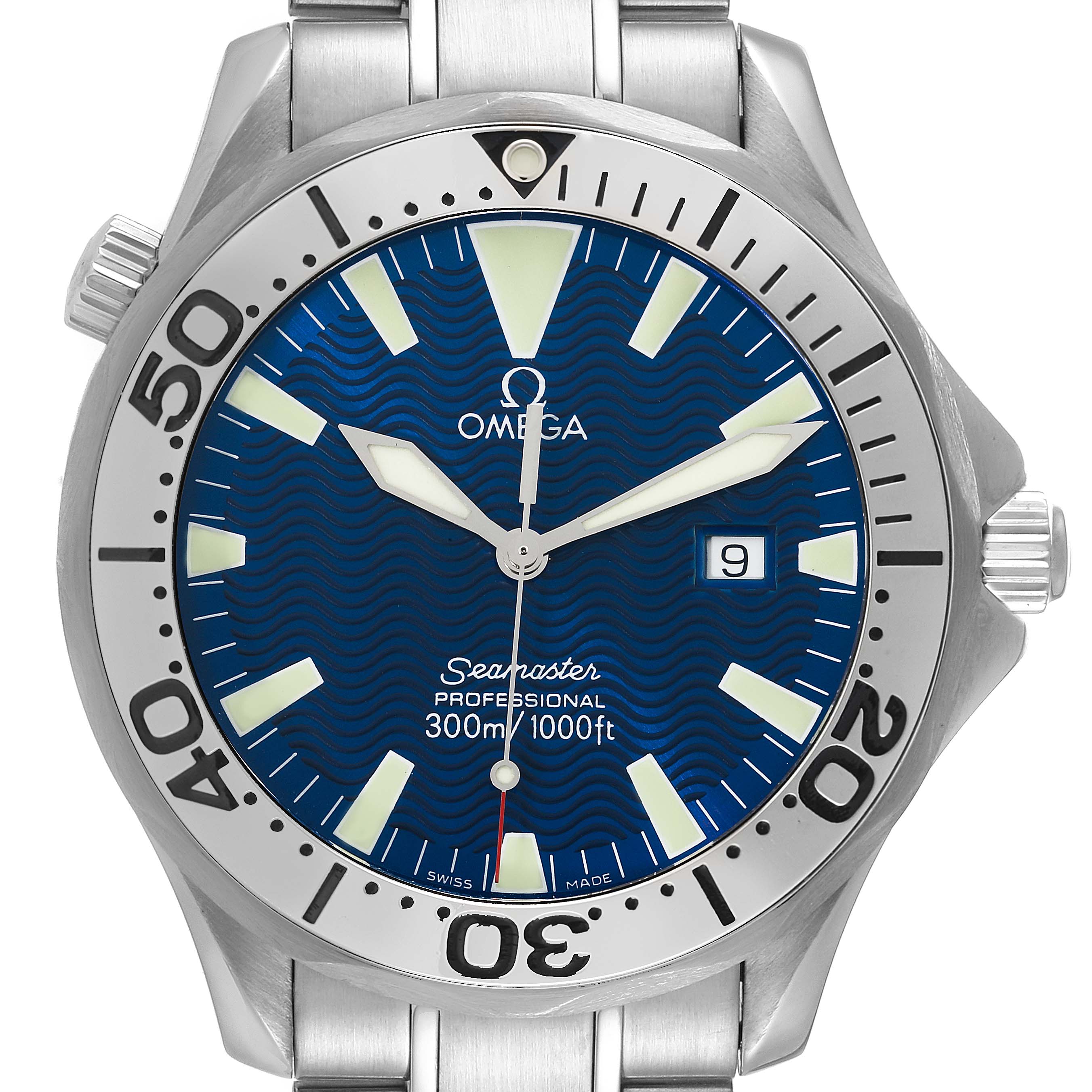 The image shows a front view of the Omega Seamaster 2265.80.00 Men's Stainless Steel Blue Dial 2265.80.00 Men's Stainless Steel Blue Dial watch, detailing its round face, bezel, crown, and part of the bracelet.