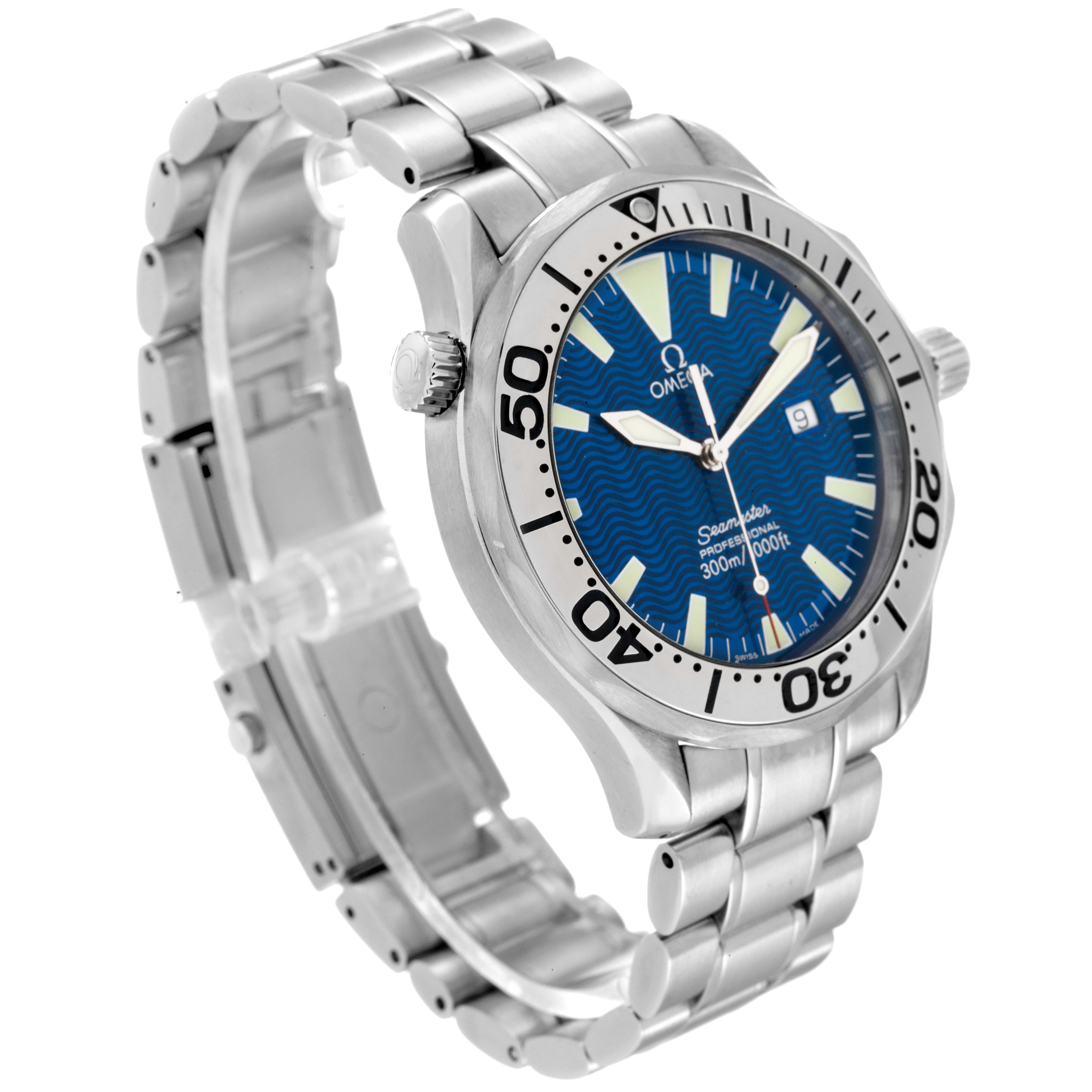 This Omega Seamaster 2265.80.00 Men's Stainless Steel Blue Dial 2265.80.00 Men's Stainless Steel Blue Dial watch is shown from a three-quarter view, displaying the face, bezel, and metallic bracelet.