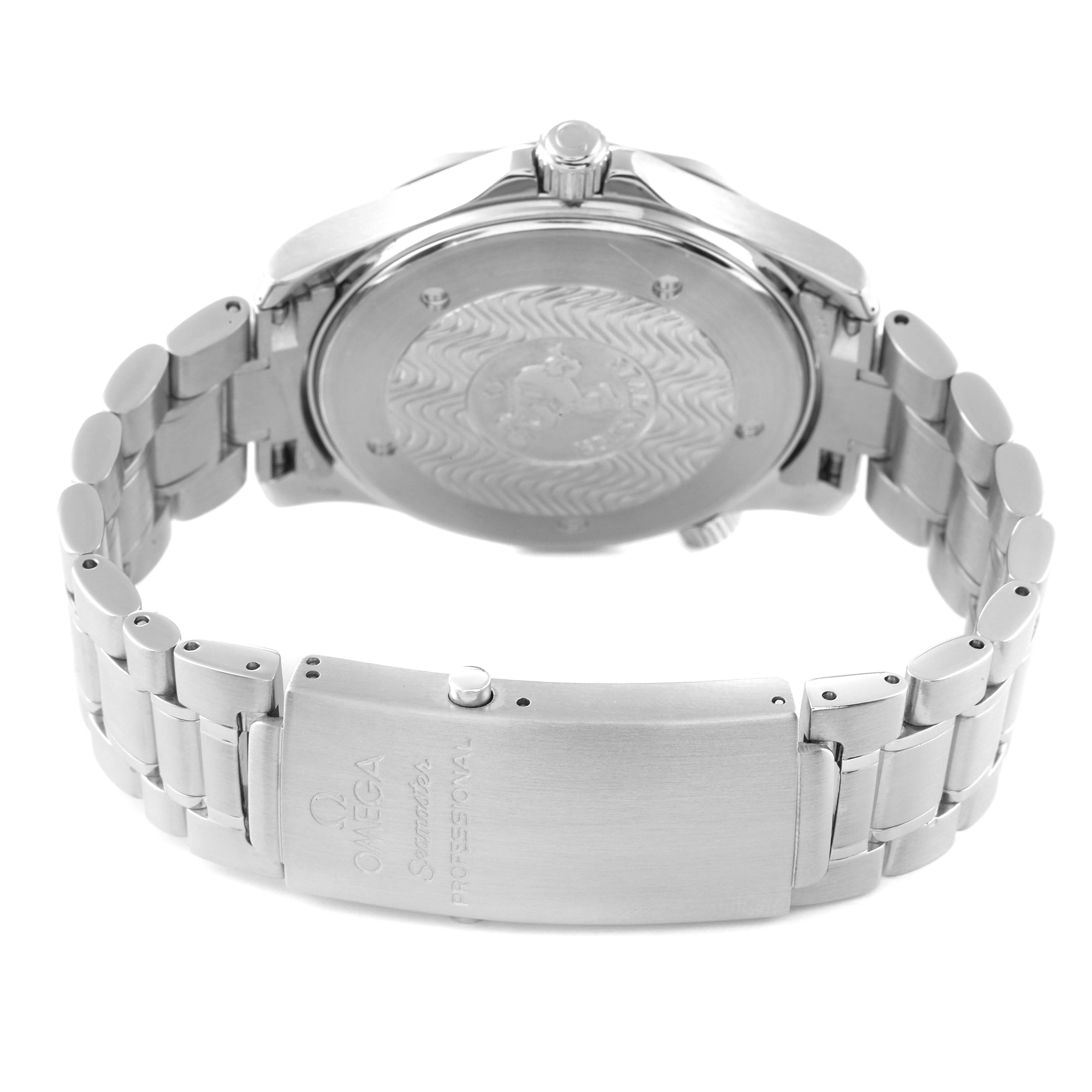 The image shows the back view of an Omega Seamaster 2265.80.00 Men's Stainless Steel Blue Dial 2265.80.00 Men's Stainless Steel Blue Dial watch, highlighting the bracelet and the case back.