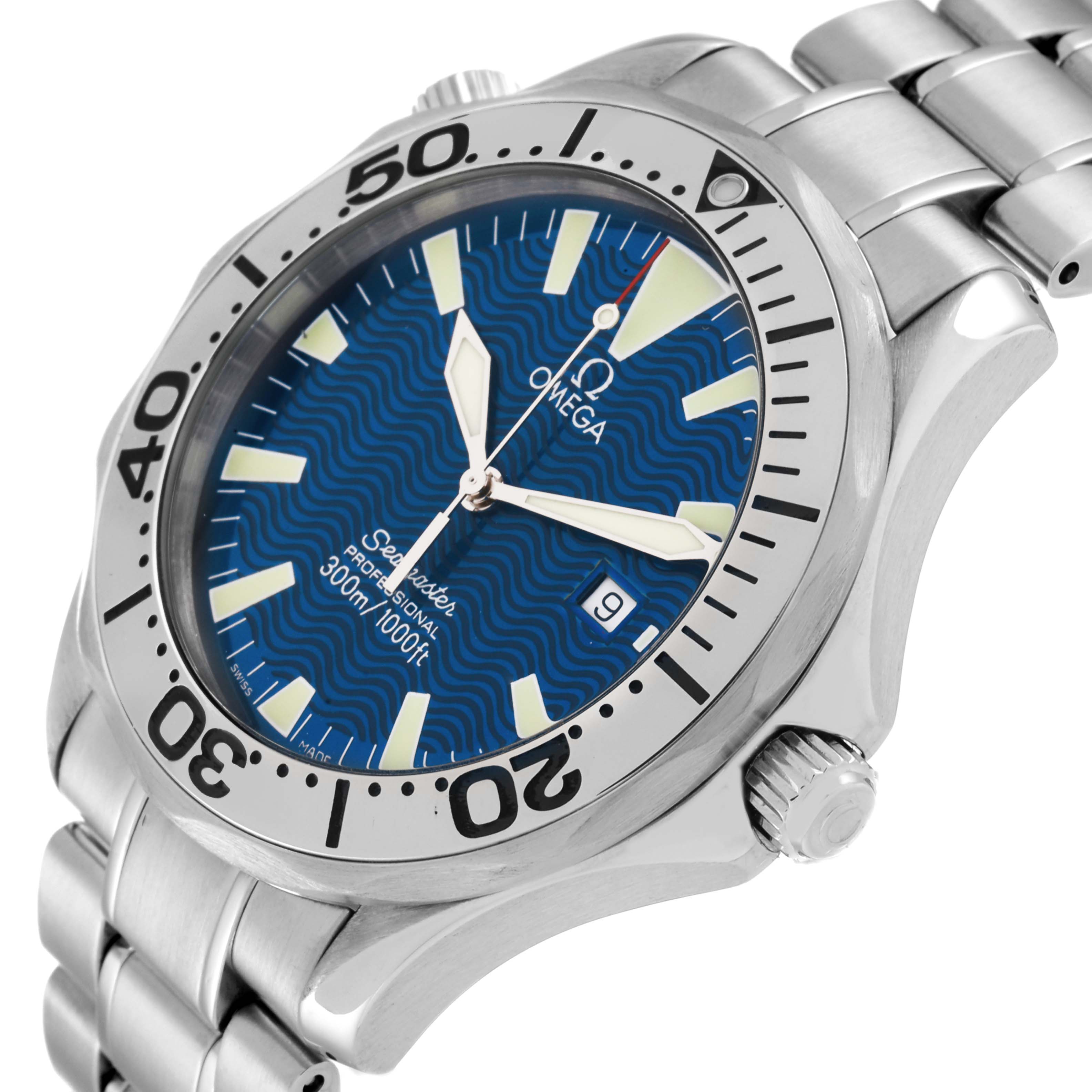 The Omega Seamaster 2265.80.00 Men's Stainless Steel Blue Dial 2265.80.00 Men's Stainless Steel Blue Dial watch is shown at a slight angle, highlighting the blue dial, bezel, and metal bracelet.