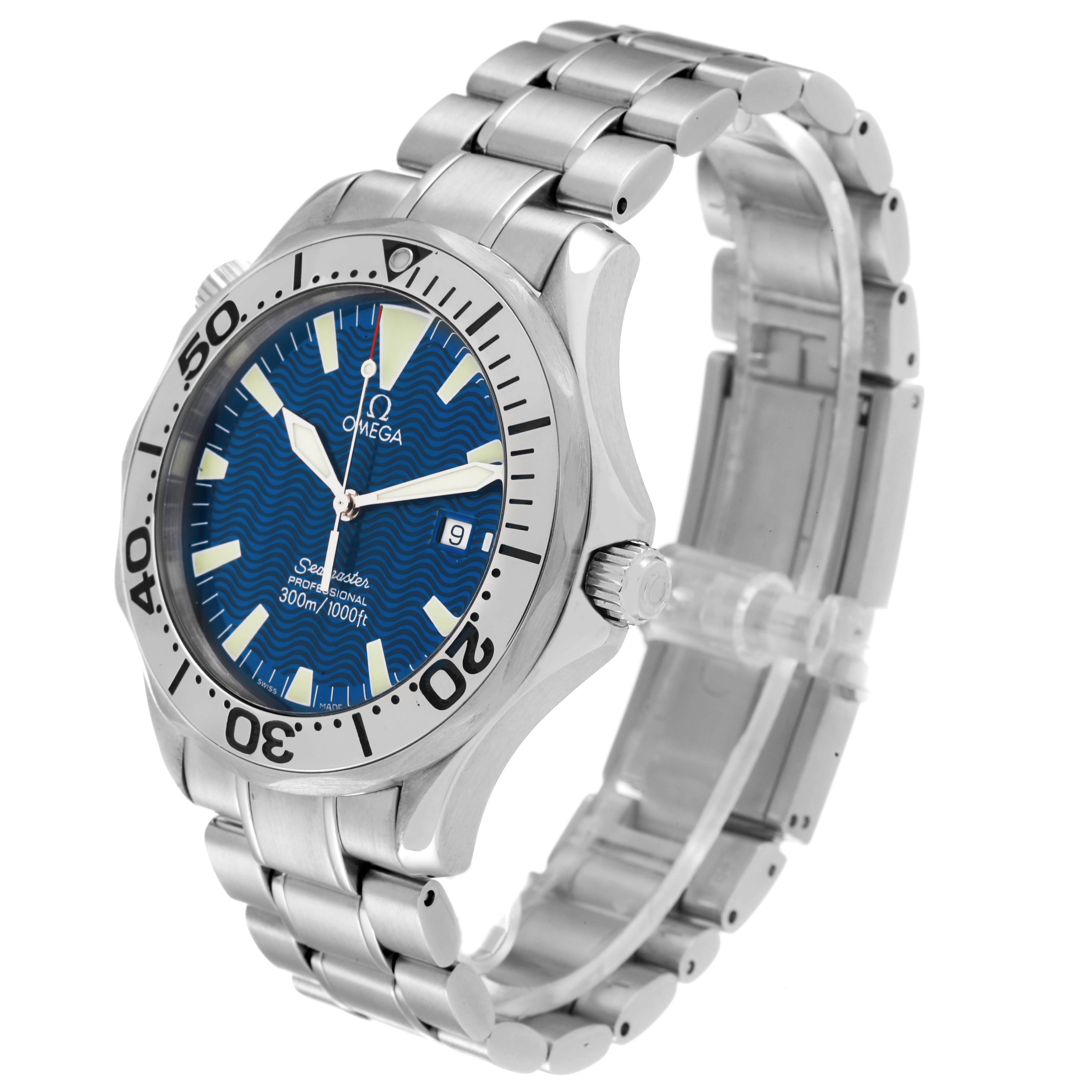 The Omega Seamaster 2265.80.00 Men's Stainless Steel Blue Dial 2265.80.00 Men's Stainless Steel Blue Dial watch is shown at a three-quarter angle, highlighting its stainless steel bracelet, bezel, and blue face.