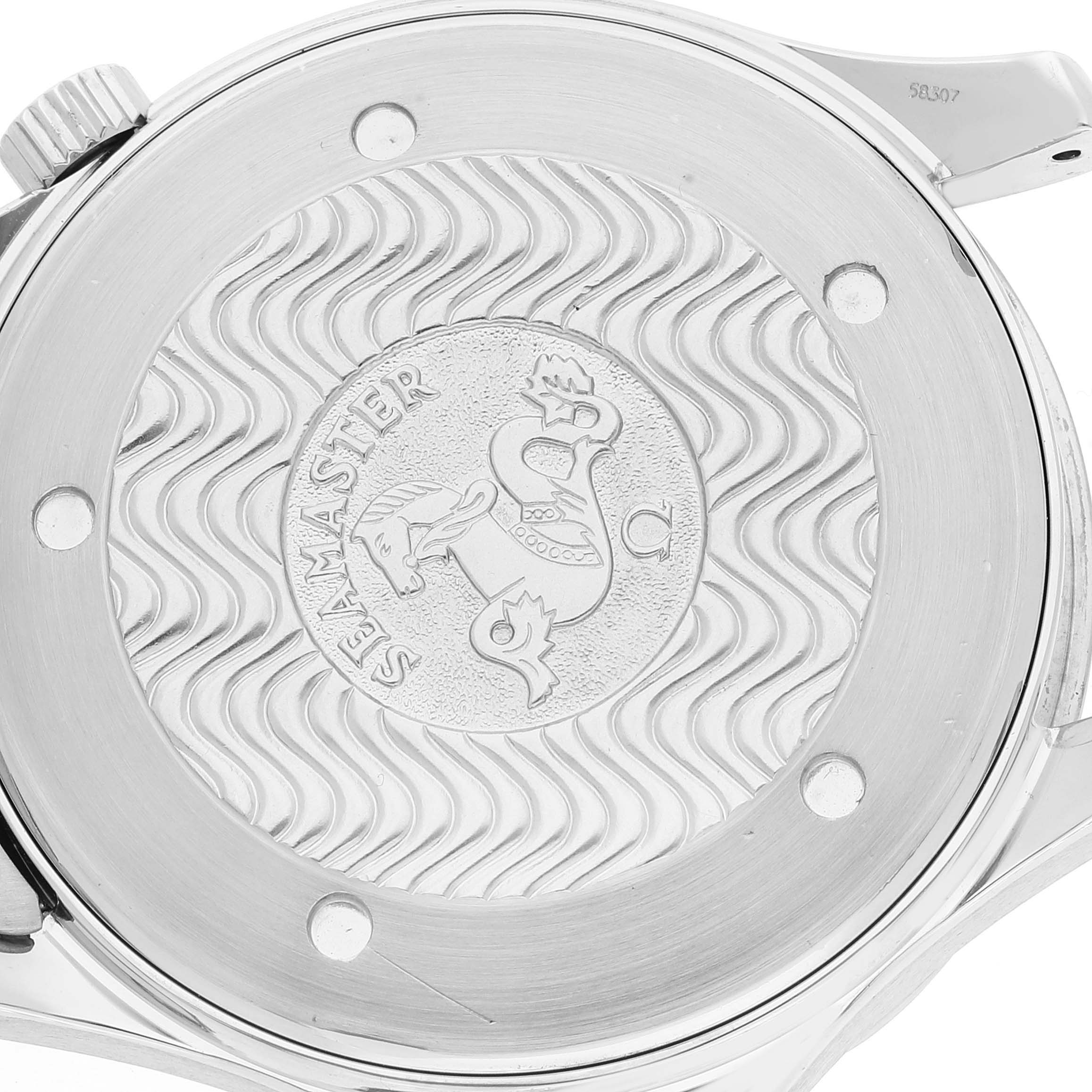 The image shows the case back of an Omega Seamaster 2265.80.00 Men's Stainless Steel Blue Dial 2265.80.00 Men's Stainless Steel Blue Dial watch with the brand's emblem and wave pattern design.