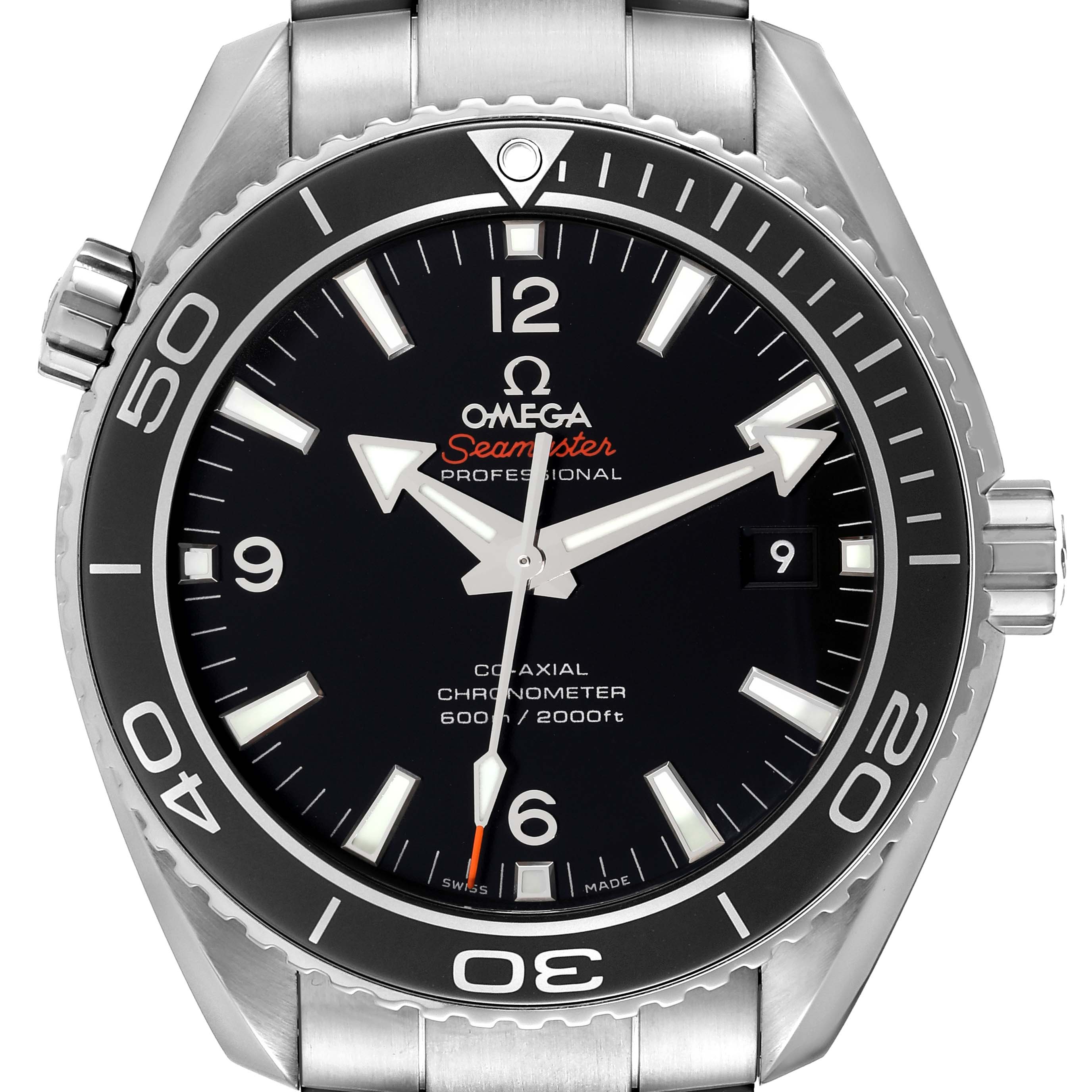 This is a front view of the Omega Planet Ocean 232.30.46.21.01.001 Men
s Stainless Steel Black Dial 232.30.46.21.01.001 Men
s Stainless Steel Black Dial model, showing the dial, hands, bezel, and part of the bracelet.
