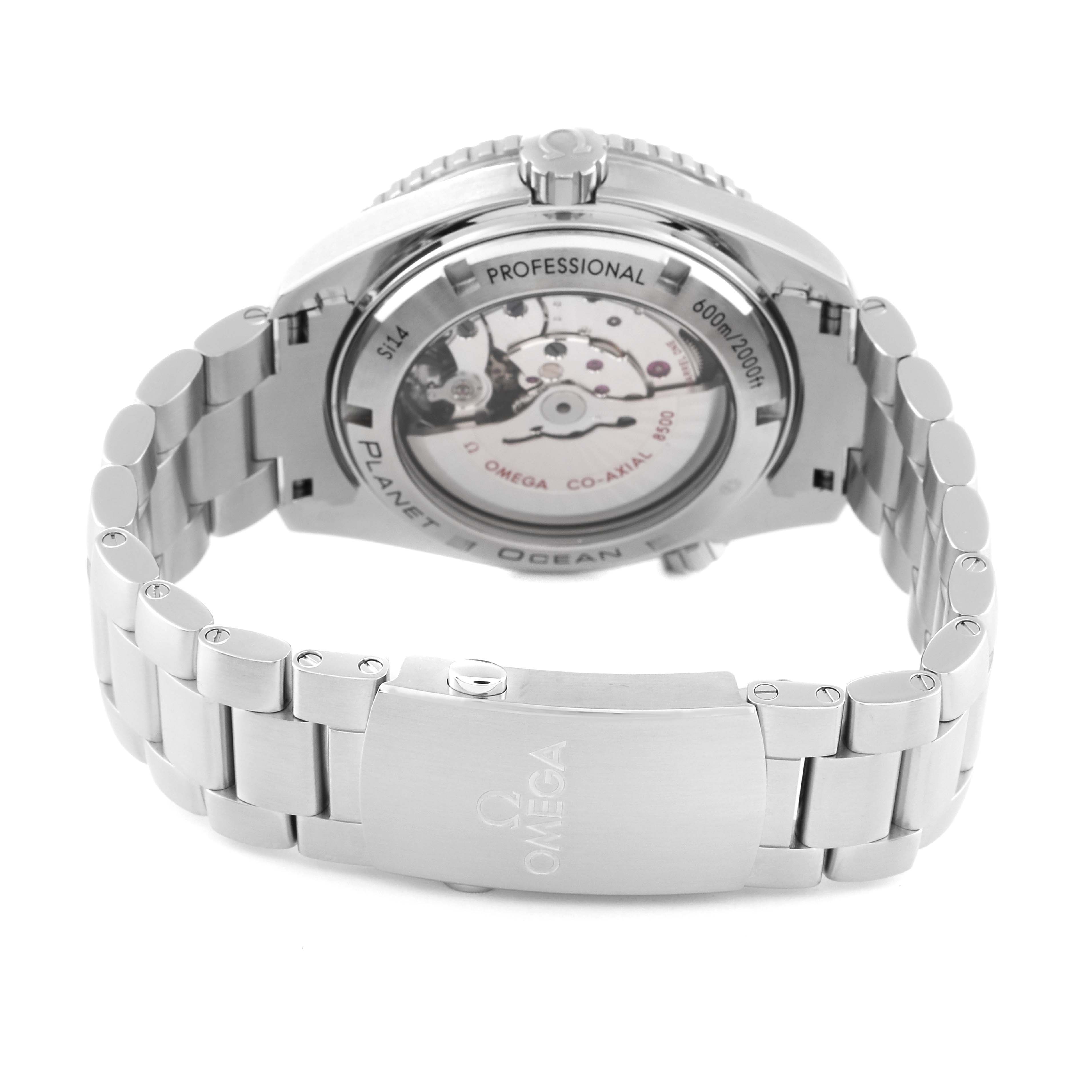 The image shows the back of the Omega Planet Ocean 232.30.46.21.01.001 Men
s Stainless Steel Black Dial 232.30.46.21.01.001 Men
s Stainless Steel Black Dial watch, highlighting the transparent case back and stainless steel bracelet.