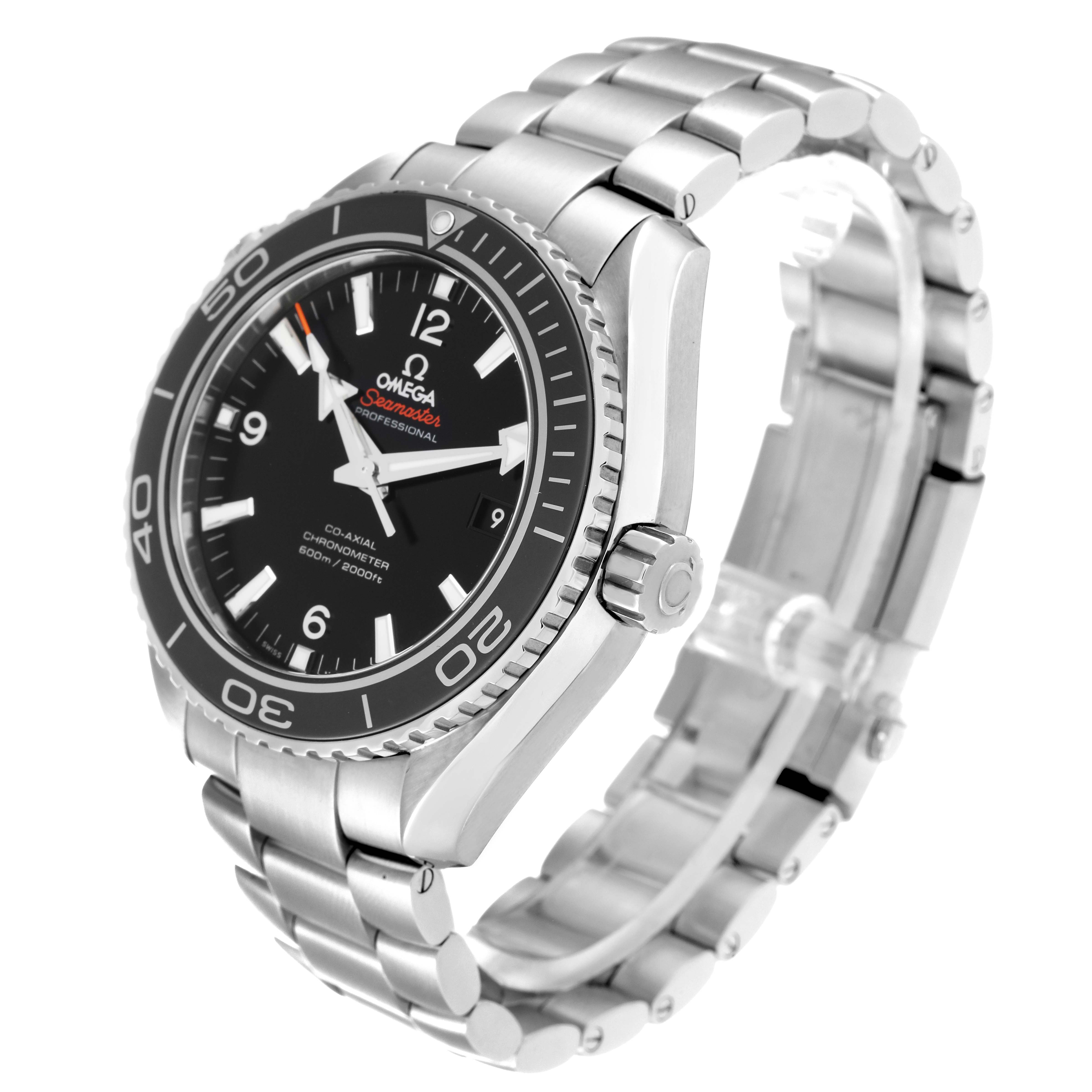 The Omega Planet Ocean 232.30.46.21.01.001 Men
s Stainless Steel Black Dial 232.30.46.21.01.001 Men
s Stainless Steel Black Dial watch is shown at an oblique angle, highlighting the face, bezel, crown, and metal bracelet.