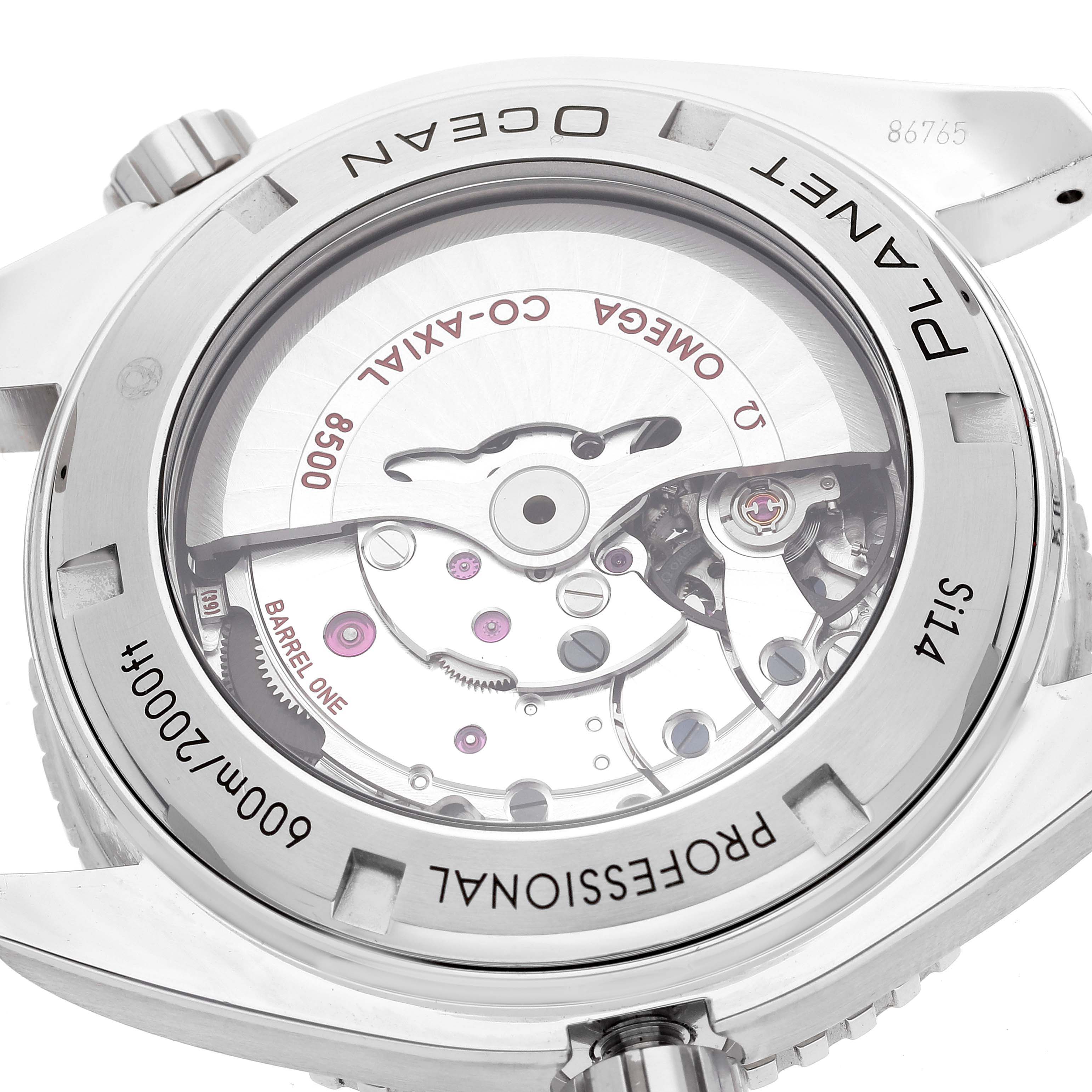 The image shows the back view of the Omega Planet Ocean 232.30.46.21.01.001 Men
s Stainless Steel Black Dial 232.30.46.21.01.001 Men
s Stainless Steel Black Dial watch, focusing on its exposed mechanical movement.