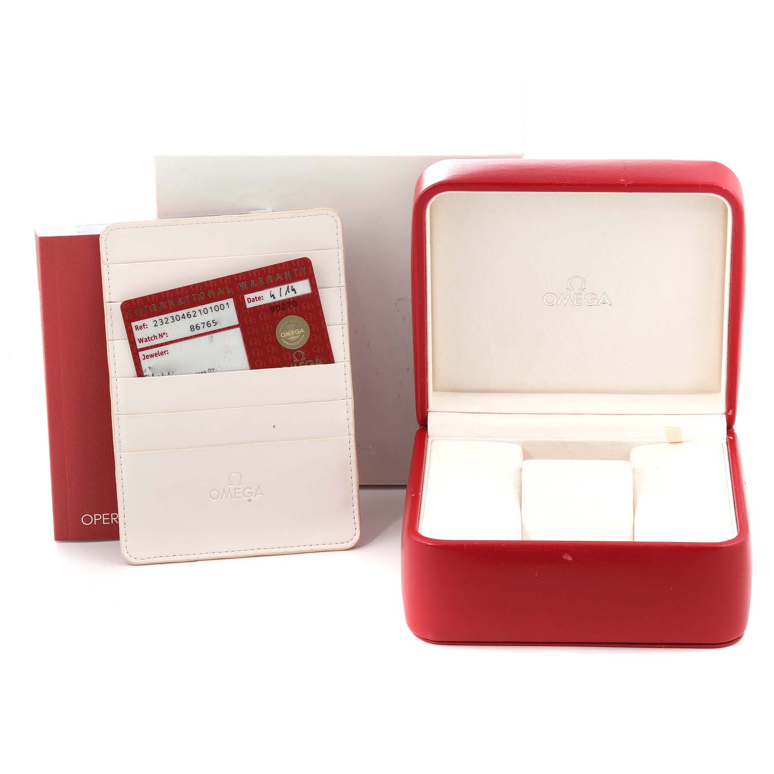 The image shows the accessories for an Omega Planet Ocean 232.30.46.21.01.001 Men
s Stainless Steel Black Dial 232.30.46.21.01.001 Men
s Stainless Steel Black Dial watch, including the box, warranty cards, and operation manual.