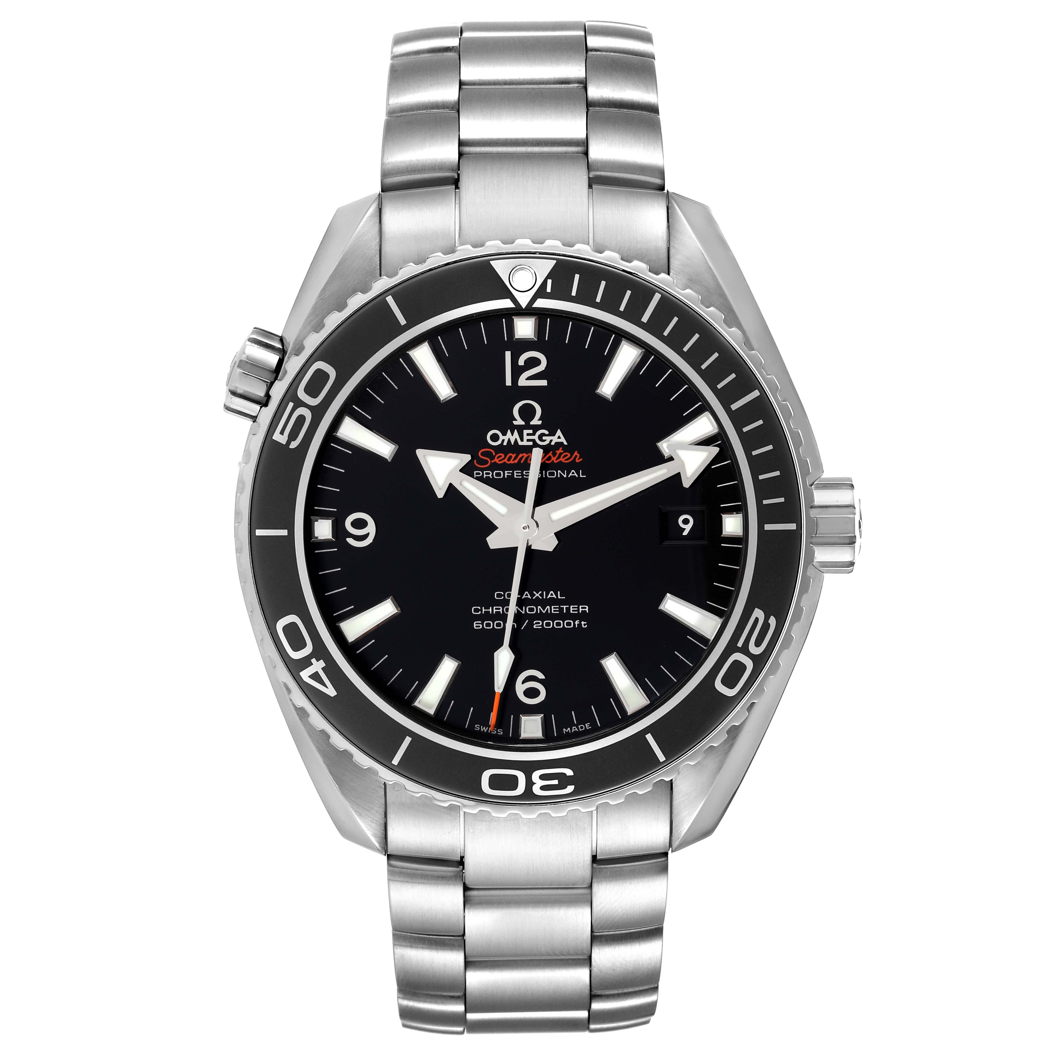 The Omega Planet Ocean 232.30.46.21.01.001 Men
s Stainless Steel Black Dial 232.30.46.21.01.001 Men
s Stainless Steel Black Dial model watch is shown from a front angle, displaying the face, bezel, crown, and metal bracelet.