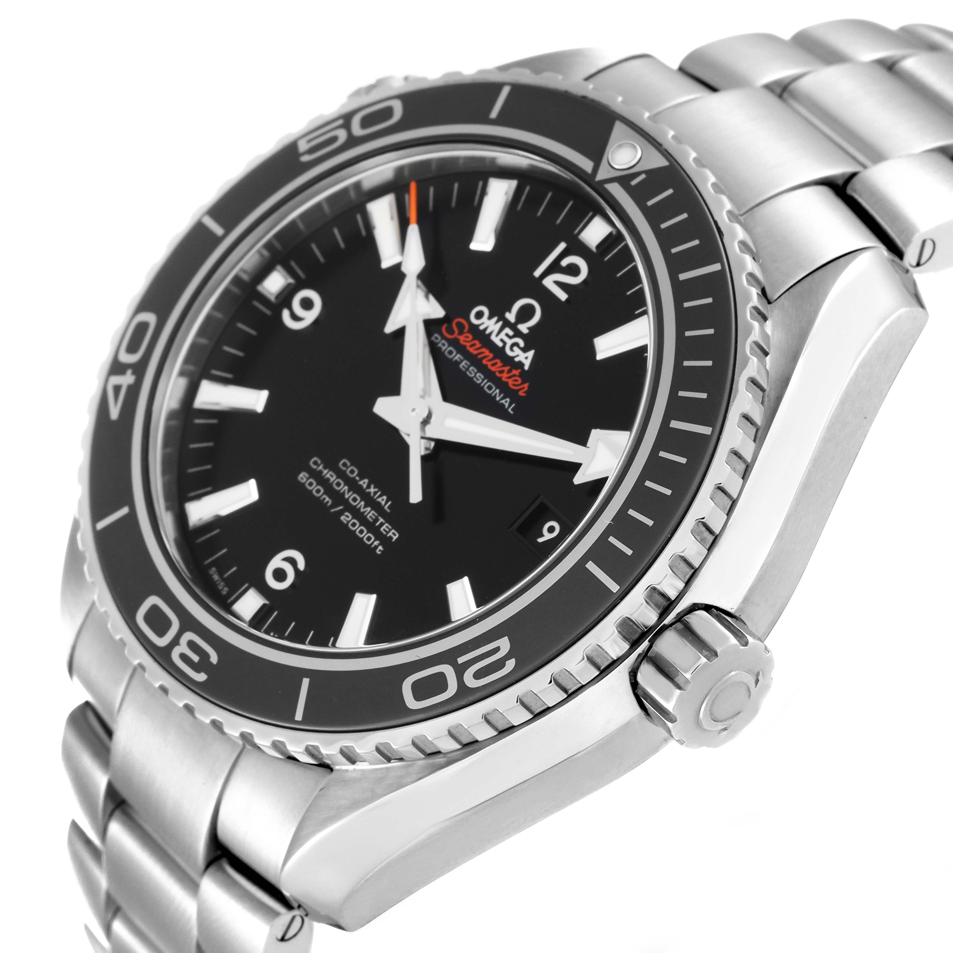 The Omega Planet Ocean 232.30.46.21.01.001 Men
s Stainless Steel Black Dial 232.30.46.21.01.001 Men
s Stainless Steel Black Dial watch is shown from an angled close-up, highlighting its bezel, dial, crown, and part of the bracelet.