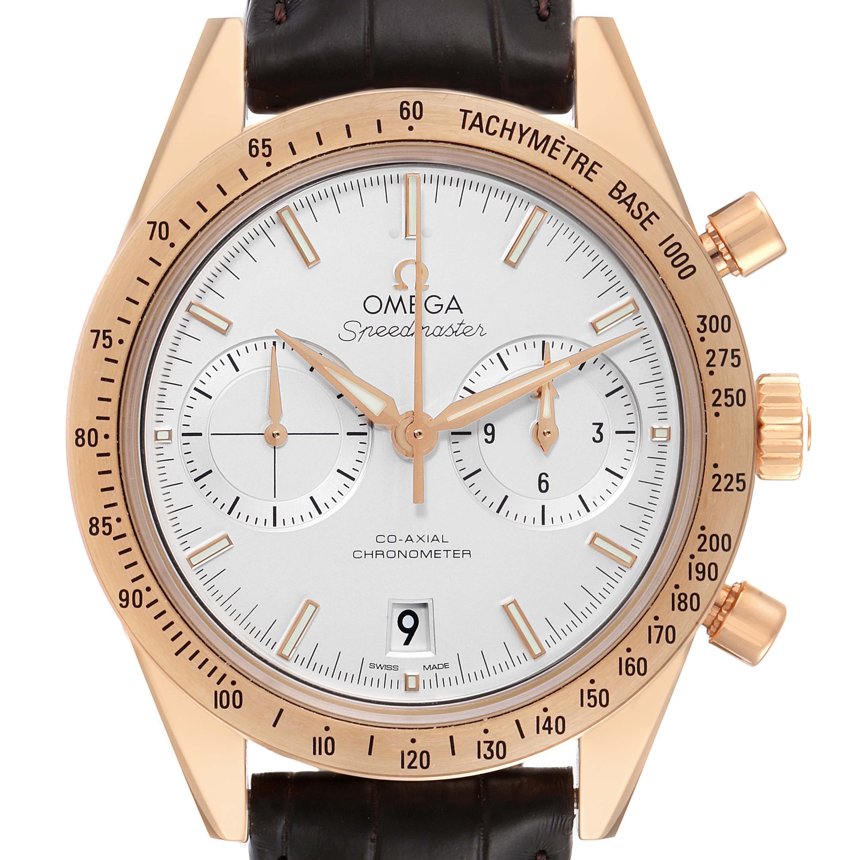 This image shows a front view of an Omega Speedmaster 331.53.42.51.02.002 Men's Rose Gold Silver Dial 331.53.42.51.02.002 Men's Rose Gold Silver Dial watch, highlighting the dial, subdials, date display, and tachymeter.