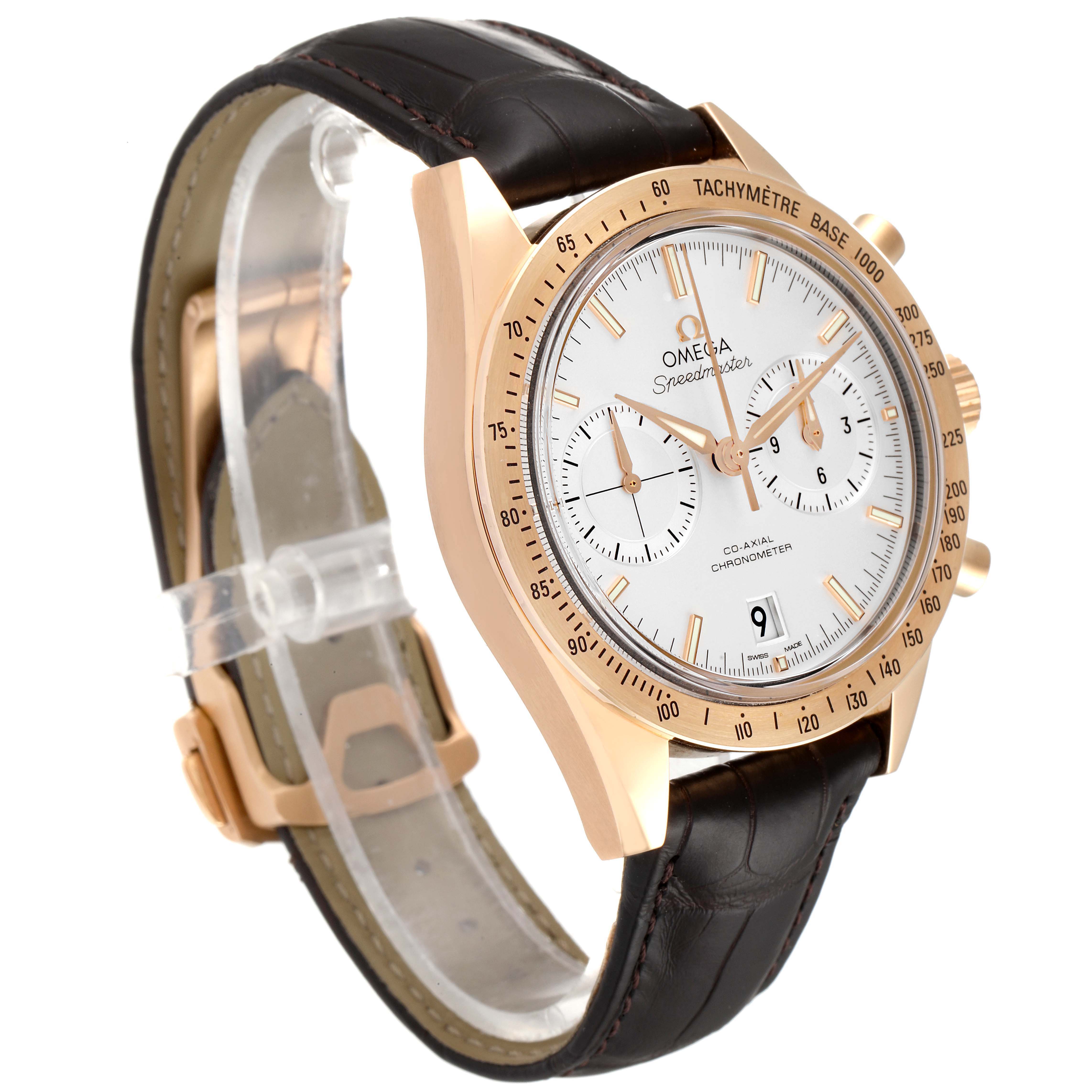 The Omega Speedmaster 331.53.42.51.02.002 Men's Rose Gold Silver Dial 331.53.42.51.02.002 Men's Rose Gold Silver Dial watch is shown at a three-quarter angle, displaying its dial, bezel, crown, pushers, and leather strap.