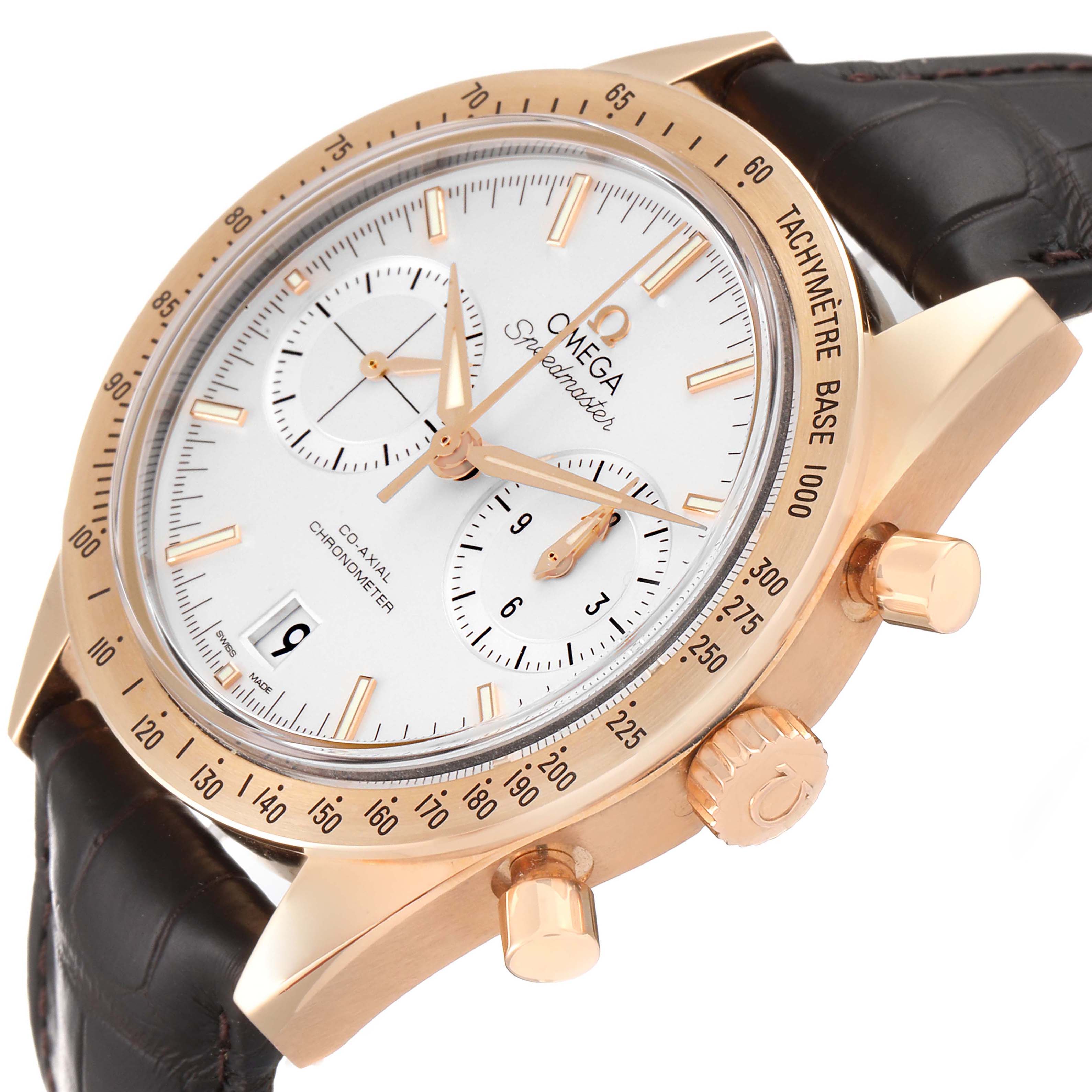 The Omega Speedmaster 331.53.42.51.02.002 Men's Rose Gold Silver Dial 331.53.42.51.02.002 Men's Rose Gold Silver Dial watch is shown at a three-quarter angle, highlighting its dial, tachymeter bezel, crown, and pushers.