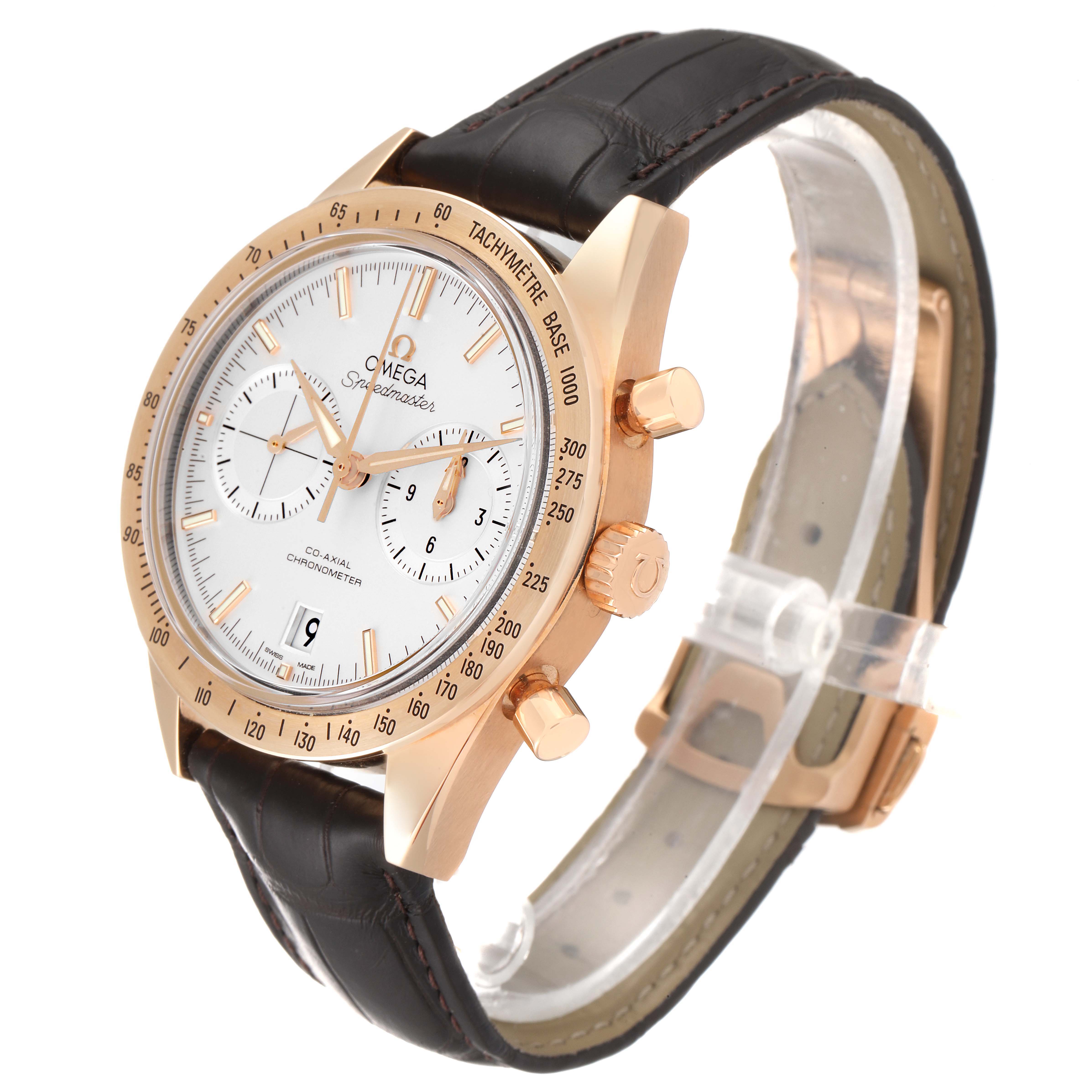 The Omega Speedmaster 331.53.42.51.02.002 Men's Rose Gold Silver Dial 331.53.42.51.02.002 Men's Rose Gold Silver Dial watch is shown at an angle highlighting the face, crown, pushers, and part of the leather strap.