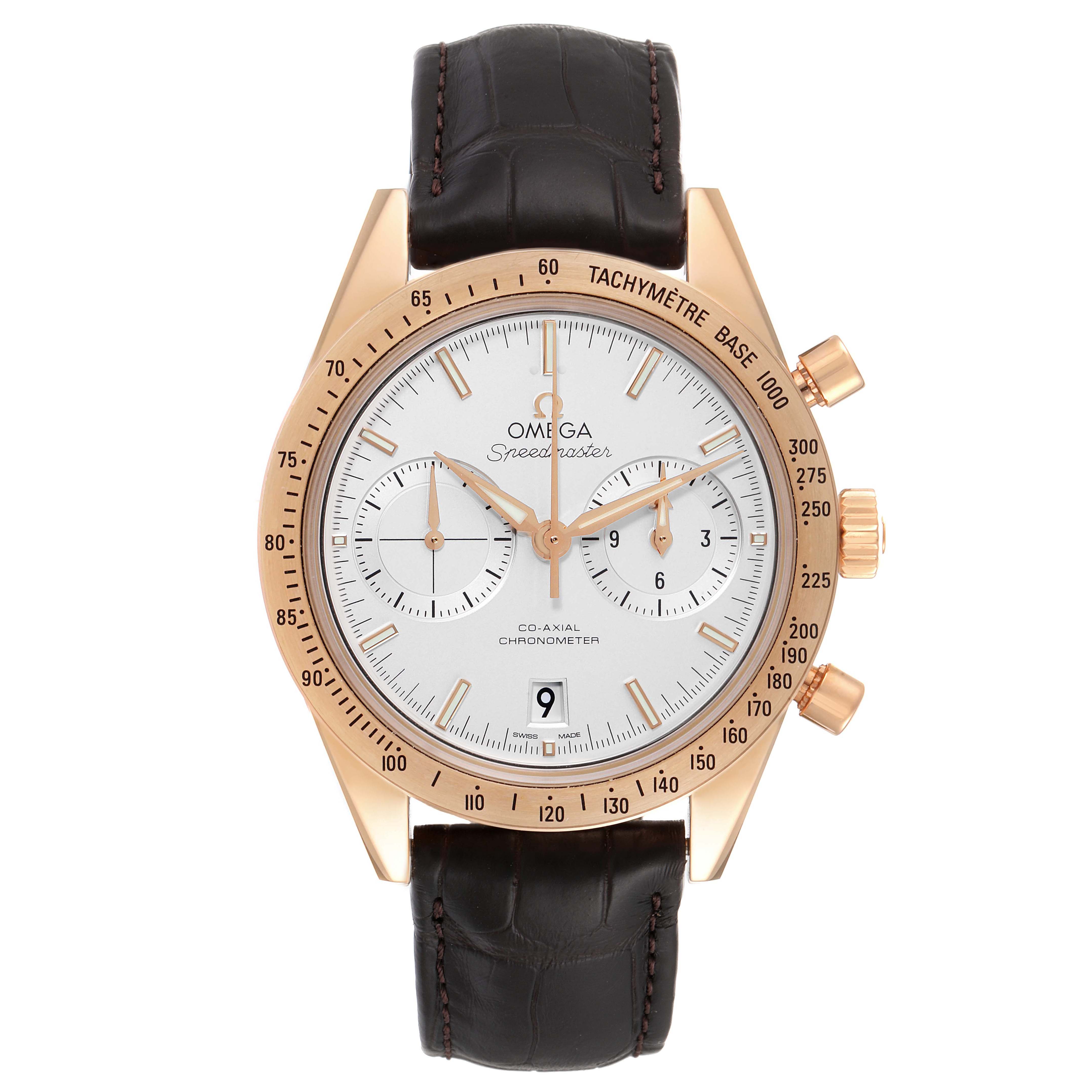 The Omega Speedmaster 331.53.42.51.02.002 Men's Rose Gold Silver Dial 331.53.42.51.02.002 Men's Rose Gold Silver Dial watch is shown from a straight-on angle, displaying its face, bezel, strap, and push-buttons.
