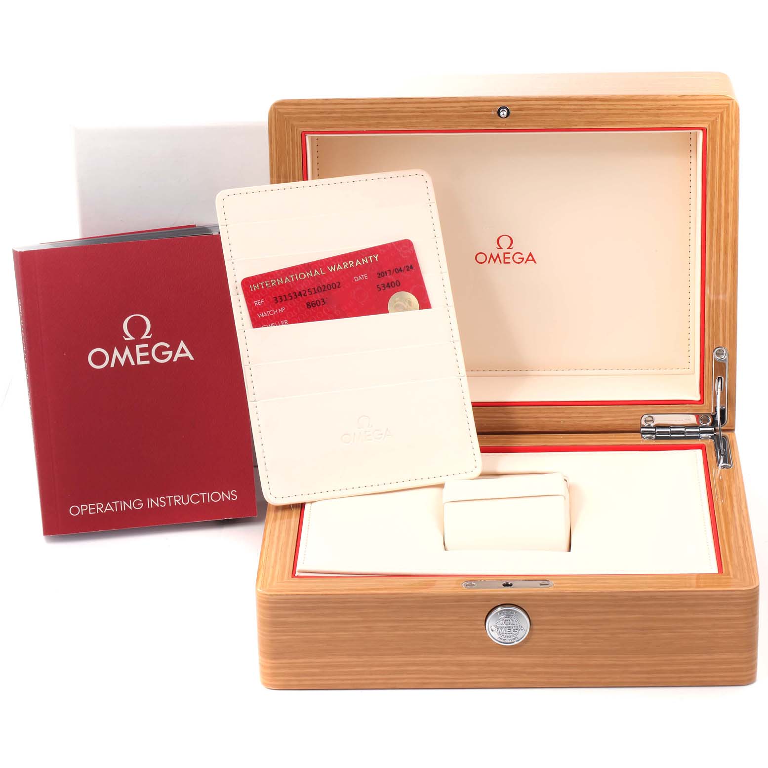The image shows an Omega Speedmaster 331.53.42.51.02.002 Men's Rose Gold Silver Dial 331.53.42.51.02.002 Men's Rose Gold Silver Dial watch box, operating instructions, and an international warranty card.