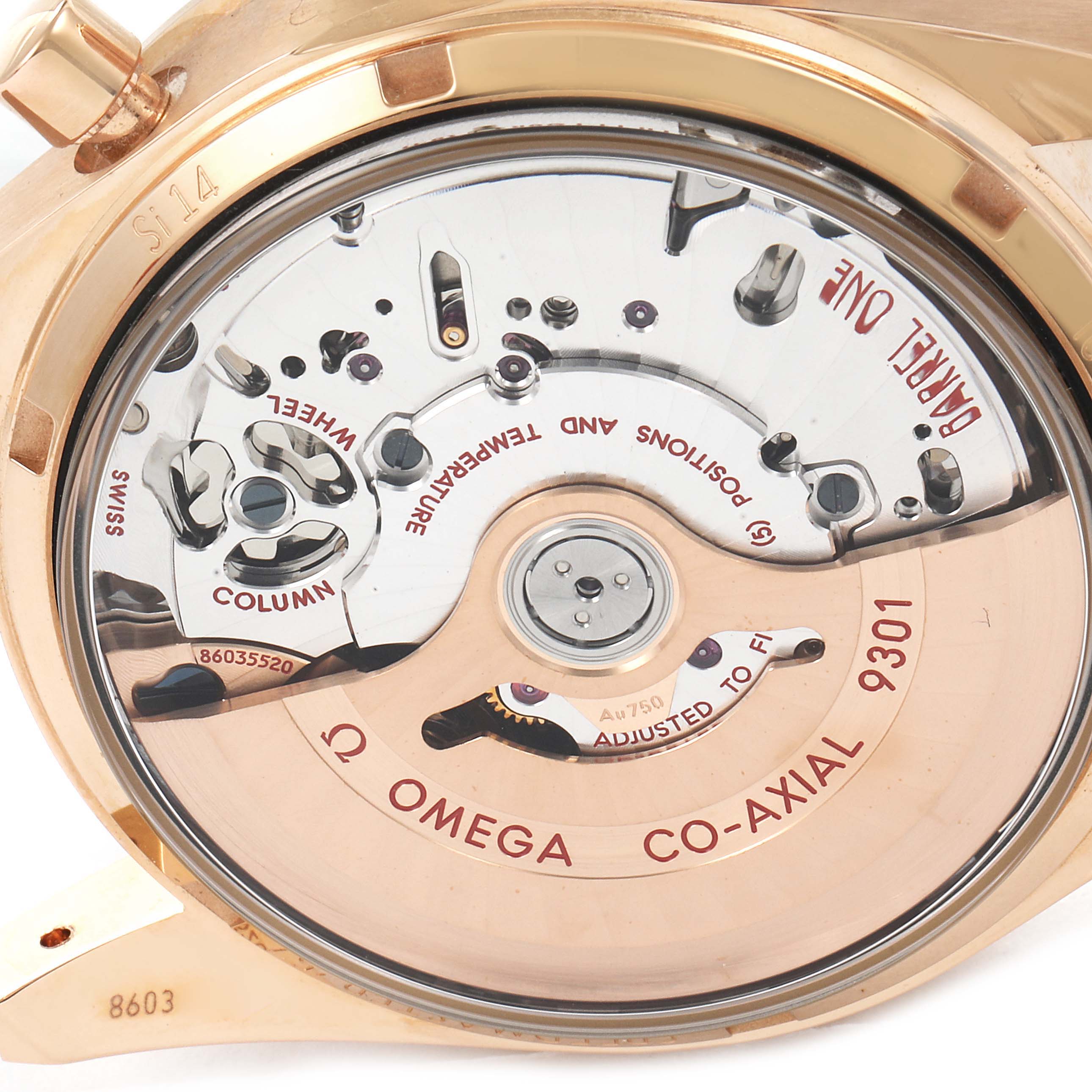 The image shows the back view of an Omega Speedmaster 331.53.42.51.02.002 Men's Rose Gold Silver Dial 331.53.42.51.02.002 Men's Rose Gold Silver Dial, showcasing its co-axial 9301 movement.