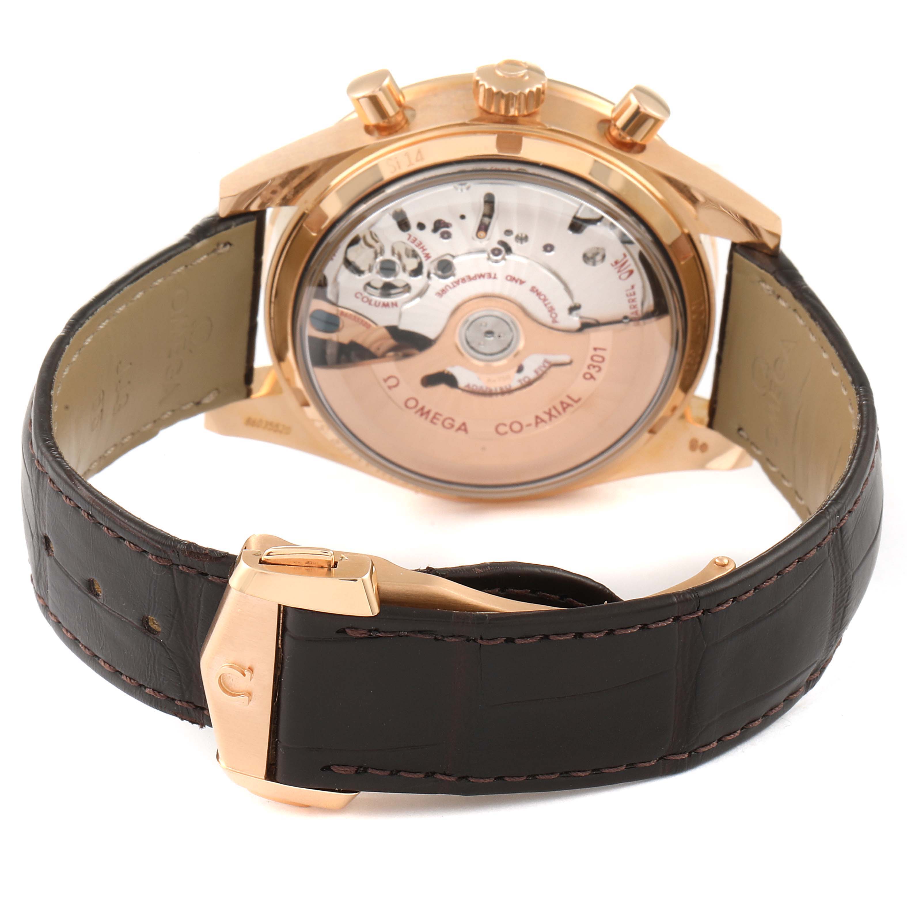 The image shows the back view of the Omega Speedmaster 331.53.42.51.02.002 Men's Rose Gold Silver Dial 331.53.42.51.02.002 Men's Rose Gold Silver Dial watch, emphasizing the movement and clasp with its branding.