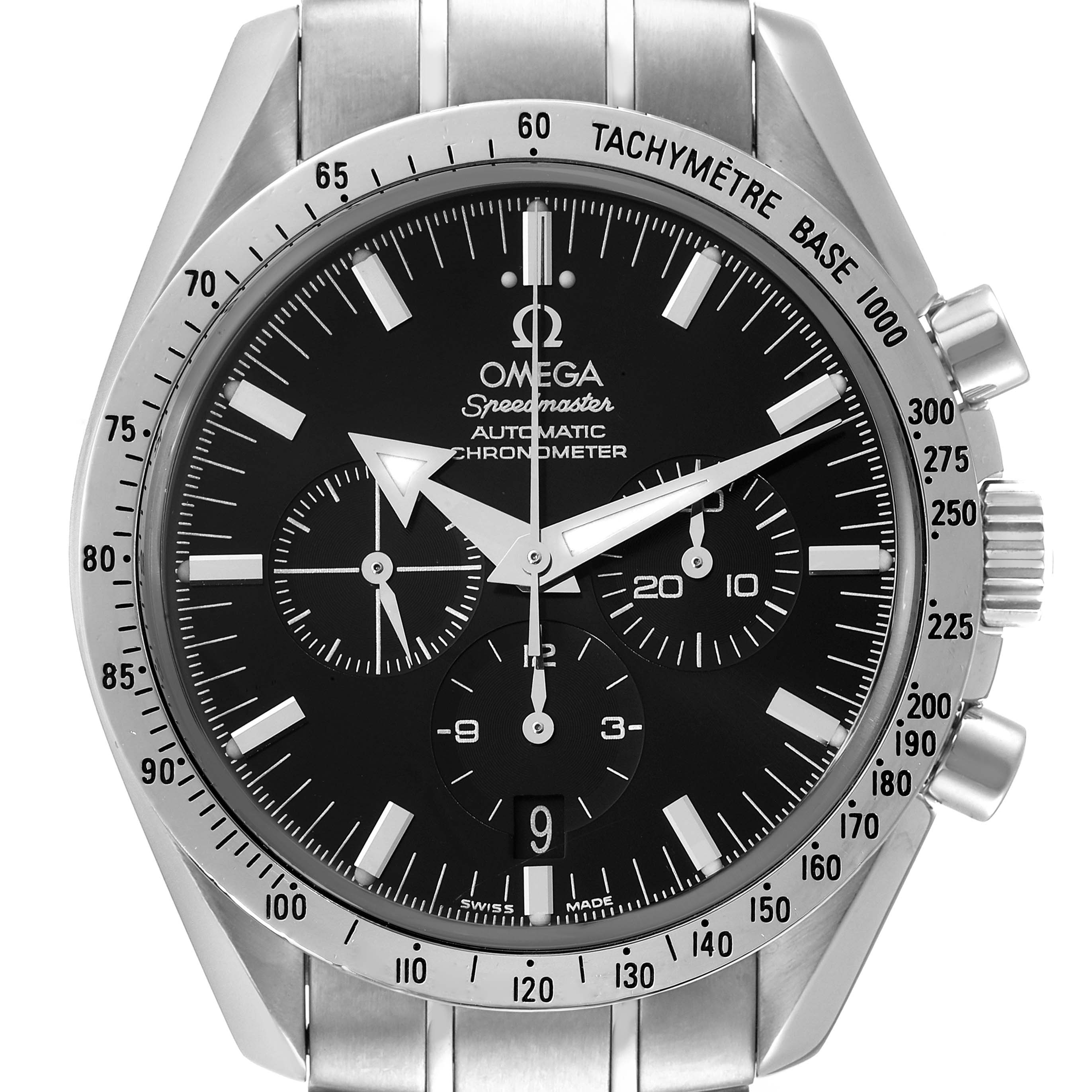 The image shows a front view of the Omega Speedmaster 3551.50.00 Men's Stainless Steel Black Dial 3551.50.00 Men's Stainless Steel Black Dial watch, highlighting the dial, hands, subdials, and tachymeter bezel.