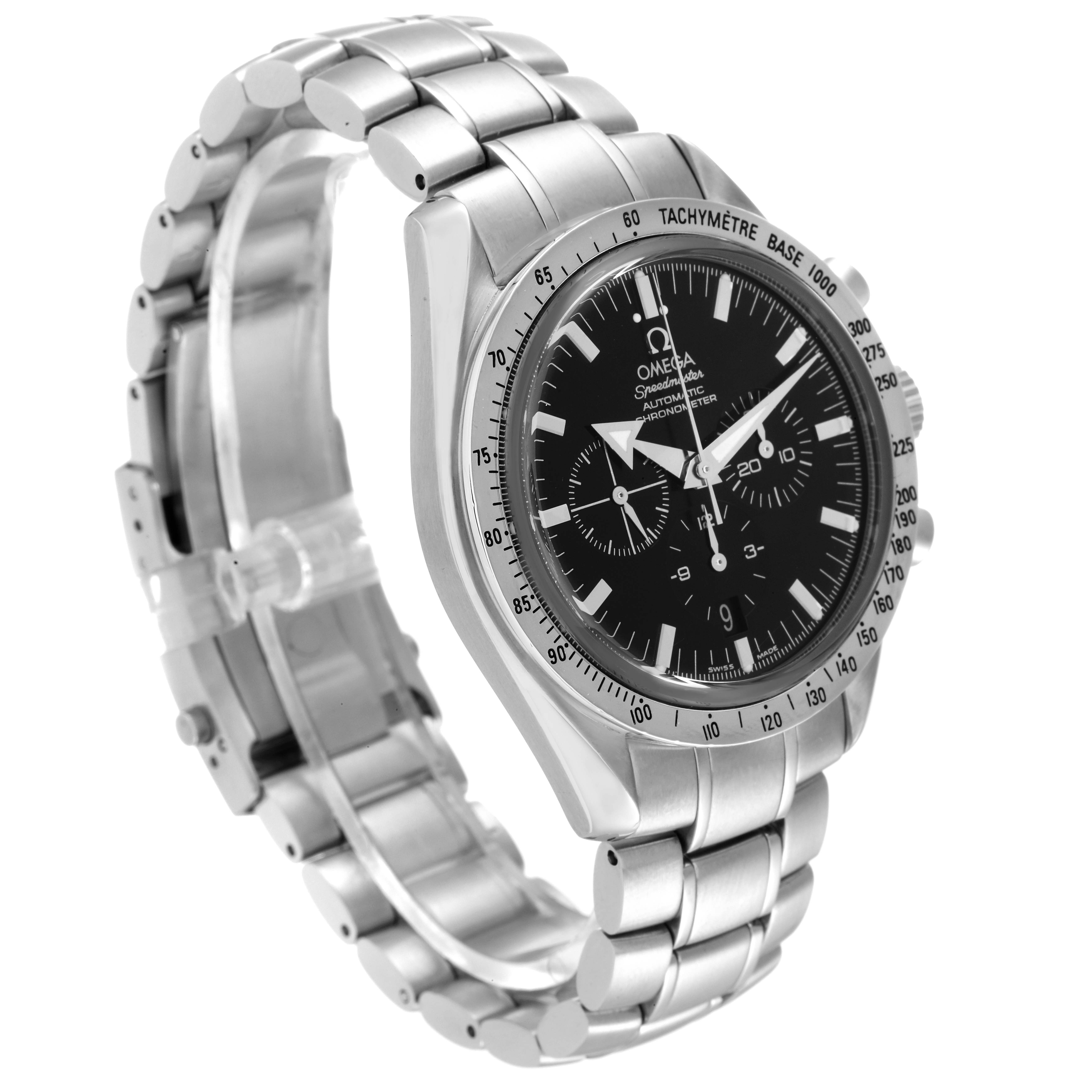 The image shows the Omega Speedmaster 3551.50.00 Men's Stainless Steel Black Dial 3551.50.00 Men's Stainless Steel Black Dial watch at a three-quarter angle, highlighting the dial, bezel, case, and bracelet.
