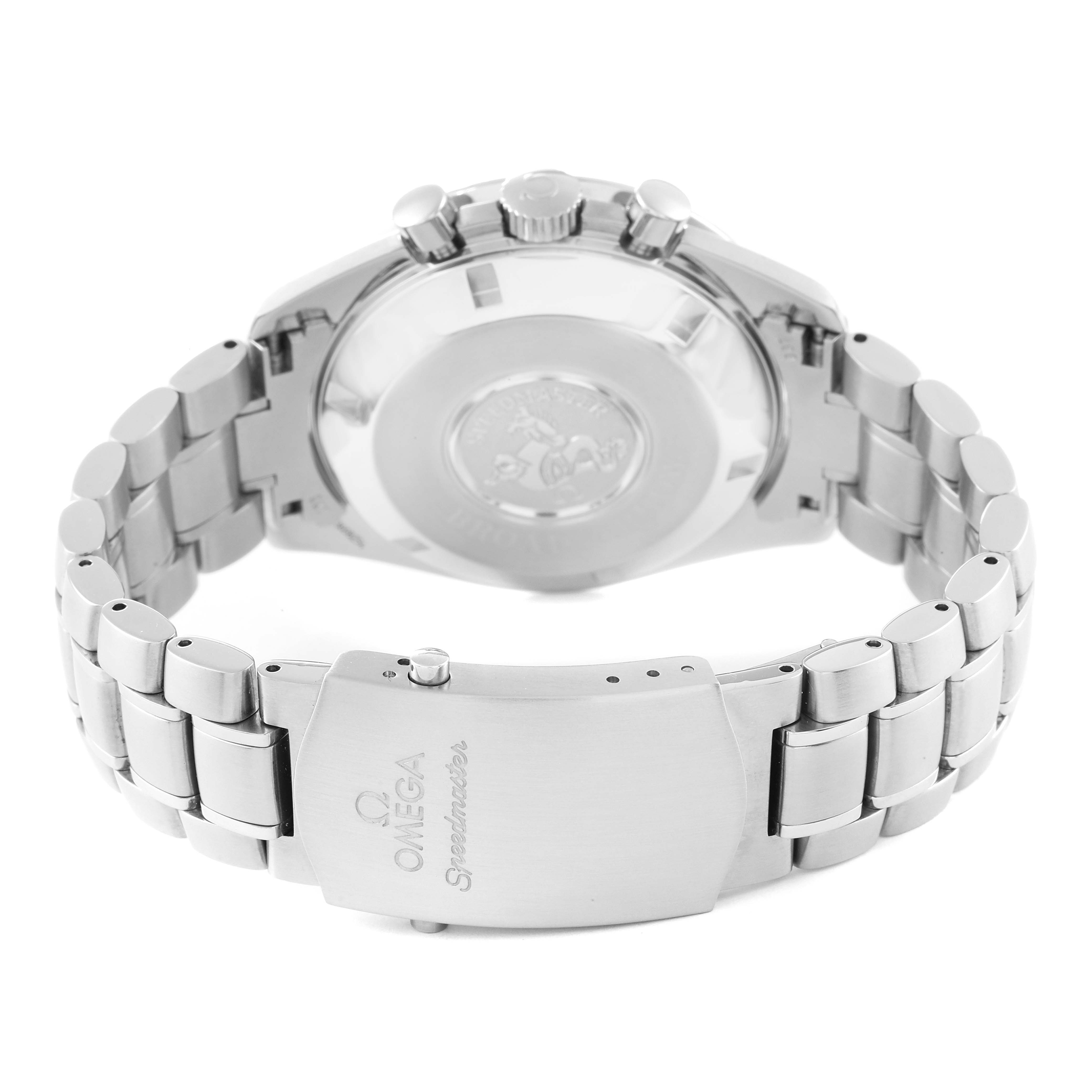 The image shows the back view of an Omega Speedmaster 3551.50.00 Men's Stainless Steel Black Dial 3551.50.00 Men's Stainless Steel Black Dial watch, highlighting the clasp, bracelet, and case back.