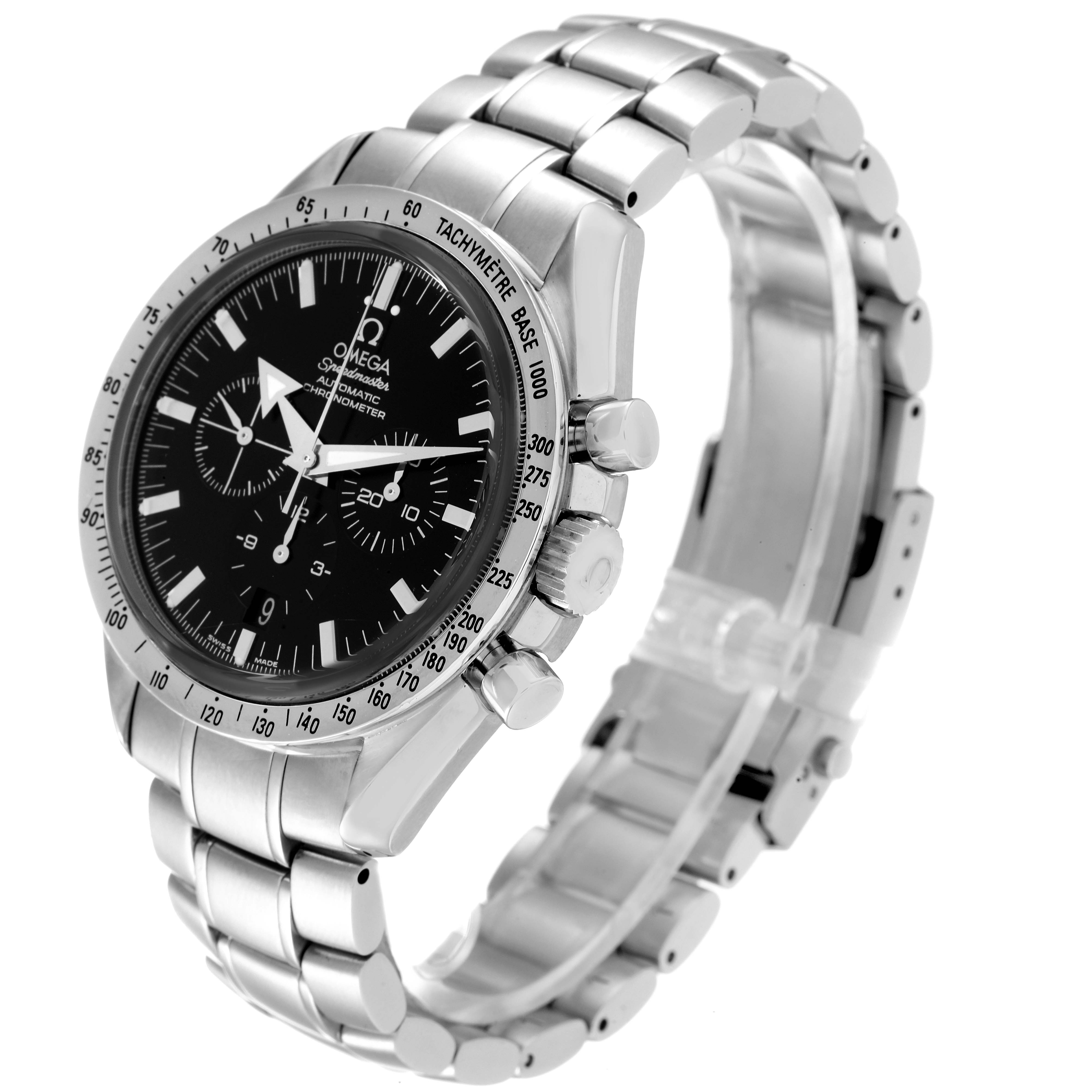 The image shows an angled view of a Speedmaster model by Omega, highlighting its face, bezel, crown, pushers, and metal bracelet.