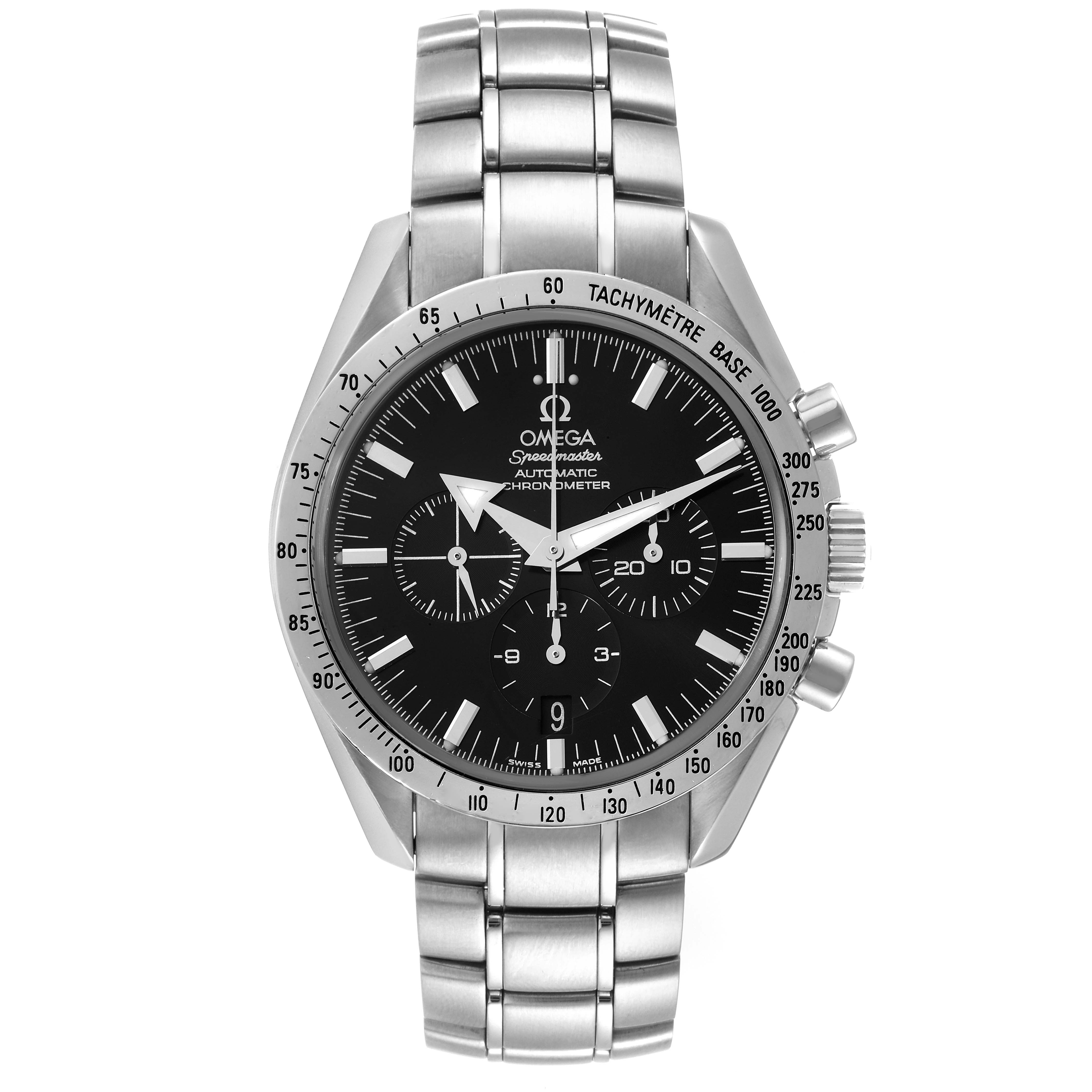 The image shows a front view of the Omega Speedmaster 3551.50.00 Men's Stainless Steel Black Dial 3551.50.00 Men's Stainless Steel Black Dial watch, displaying the dial, sub-dials, bezel, and metal bracelet.