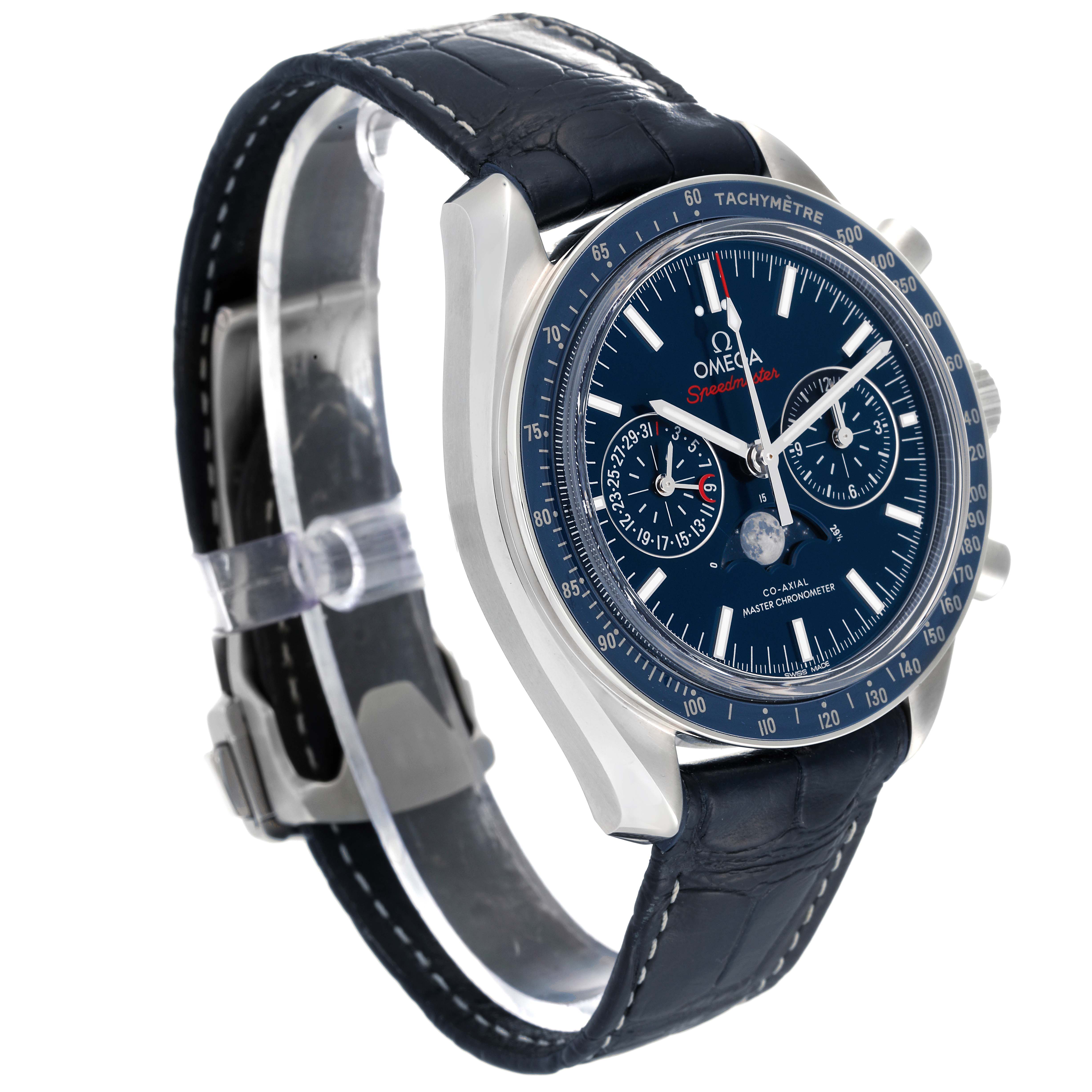 The image shows an Omega Speedmaster 304.33.44.52.03.001 Men's Stainless Steel Blue Dial 304.33.44.52.03.001 Men's Stainless Steel Blue Dial watch from a front-left angle, highlighting the dial, bezel, and leather strap.