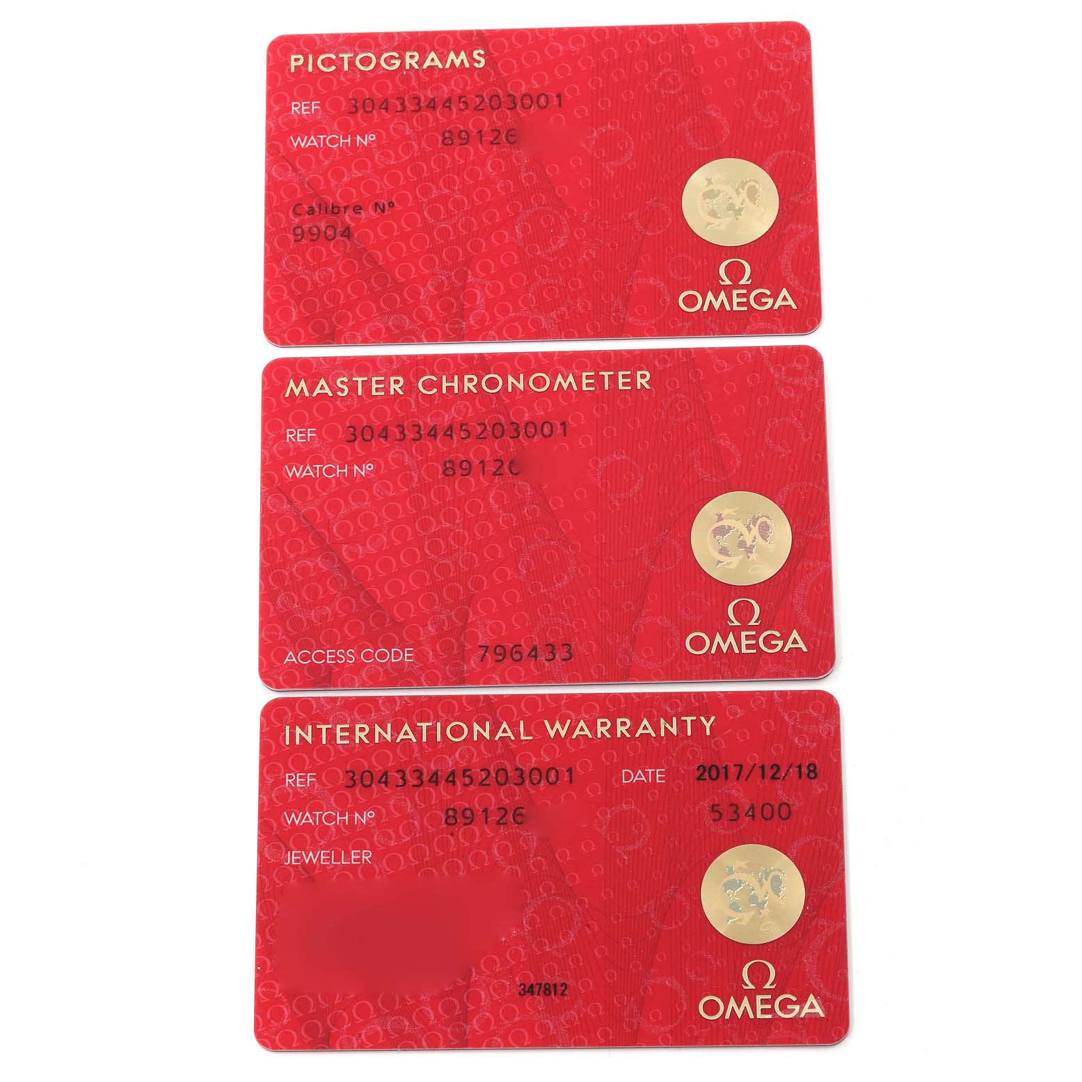 The image shows three red Omega Speedmaster 304.33.44.52.03.001 Men's Stainless Steel Blue Dial 304.33.44.52.03.001 Men's Stainless Steel Blue Dial cards: Pictograms, Master Chronometer, and International Warranty.