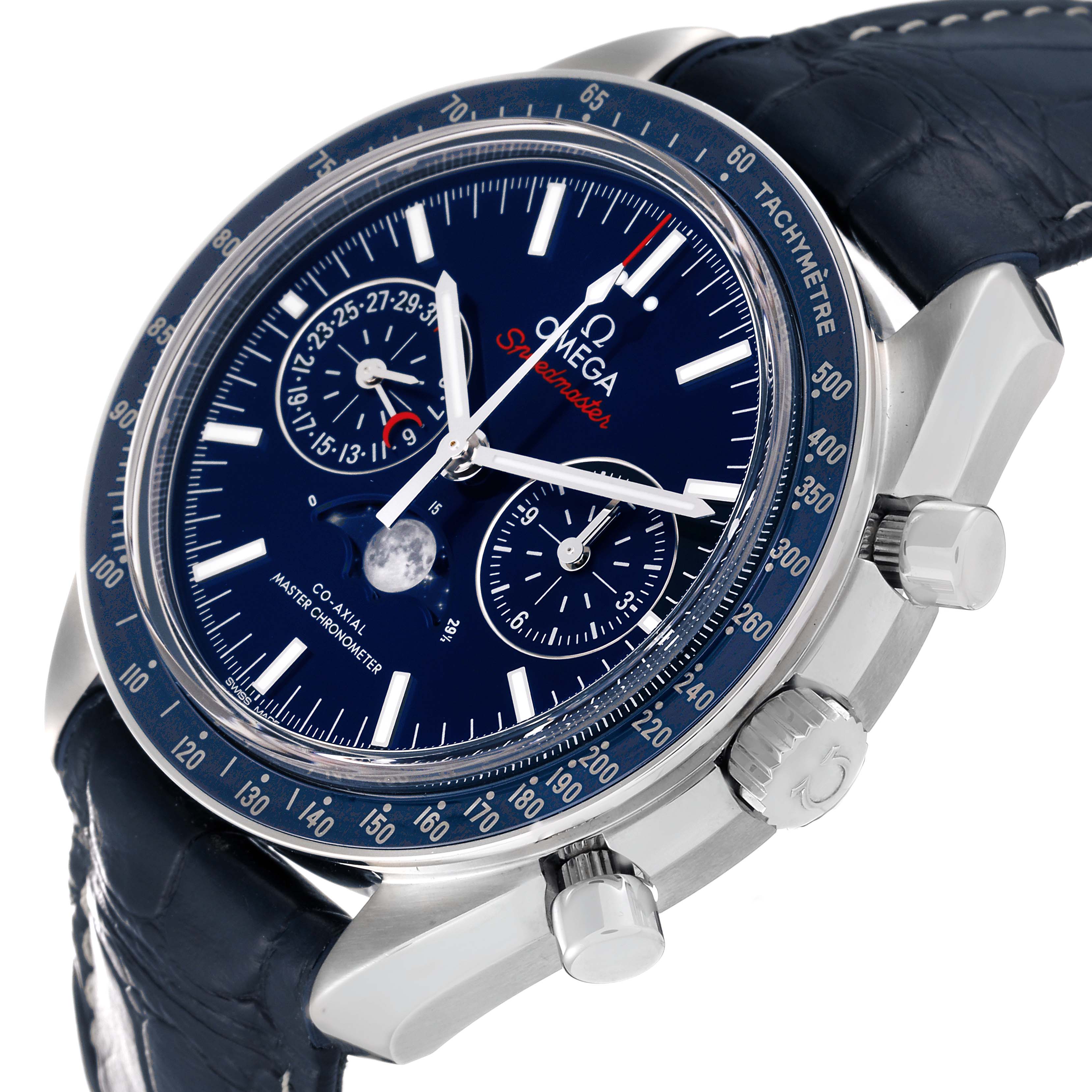 The Omega Speedmaster 304.33.44.52.03.001 Men's Stainless Steel Blue Dial 304.33.44.52.03.001 Men's Stainless Steel Blue Dial watch is shown at a side angle, displaying the face, bezel, crown, and pushers.