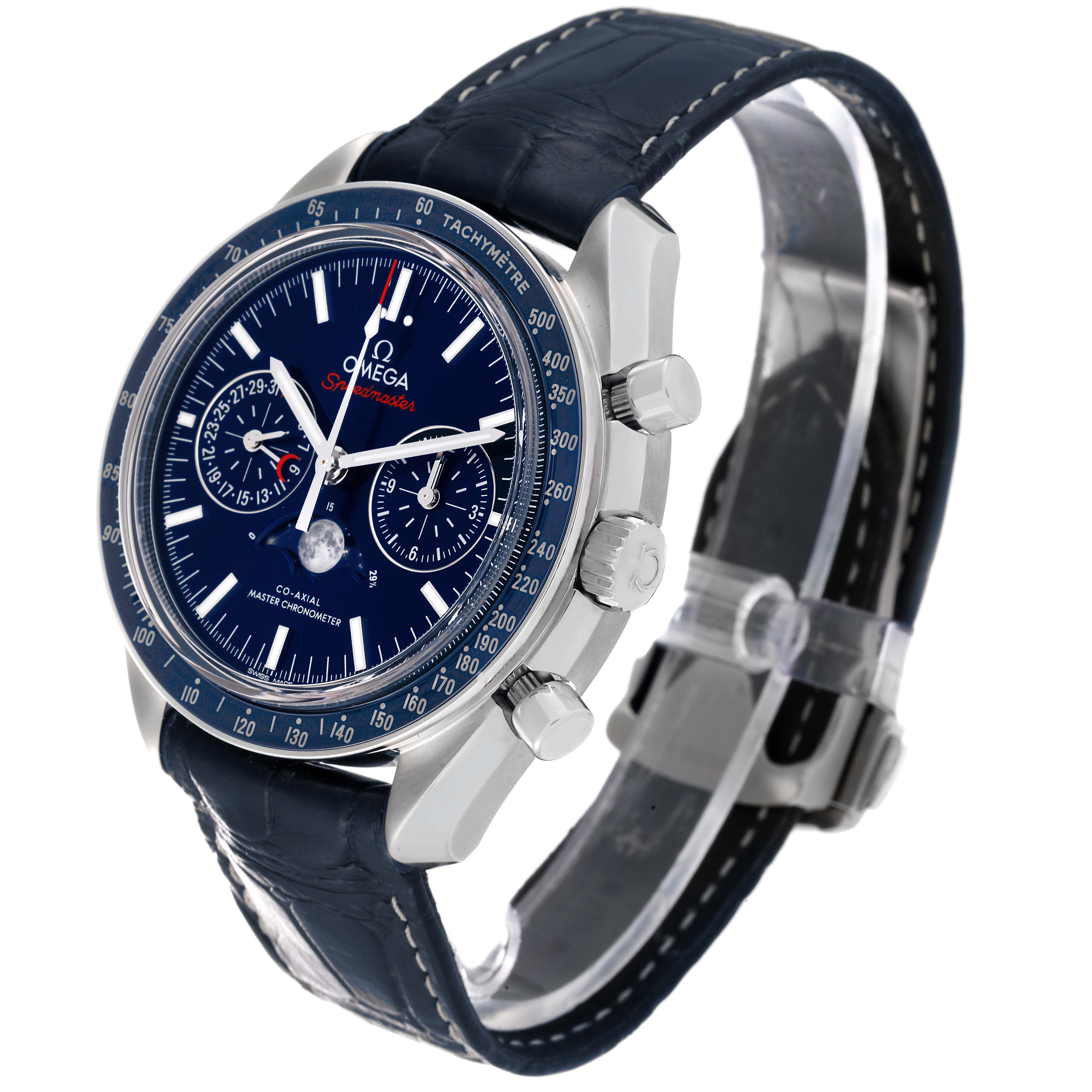 The image shows the Omega Speedmaster 304.33.44.52.03.001 Men's Stainless Steel Blue Dial 304.33.44.52.03.001 Men's Stainless Steel Blue Dial watch at an oblique angle, highlighting the face, bezel, pushers, and leather strap.