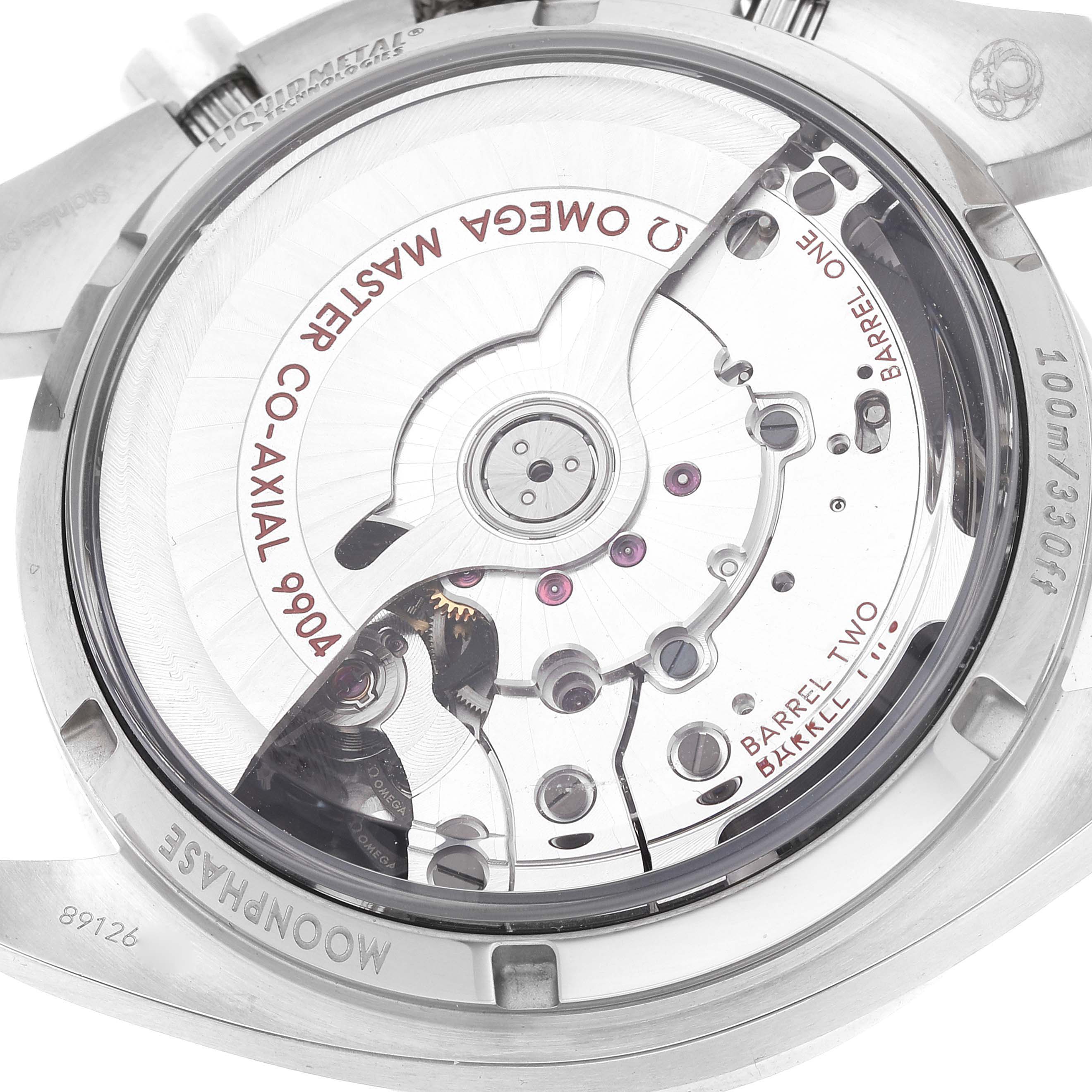 This is the back of an Omega Speedmaster 304.33.44.52.03.001 Men's Stainless Steel Blue Dial 304.33.44.52.03.001 Men's Stainless Steel Blue Dial watch, showcasing its intricate movement and internal mechanics.