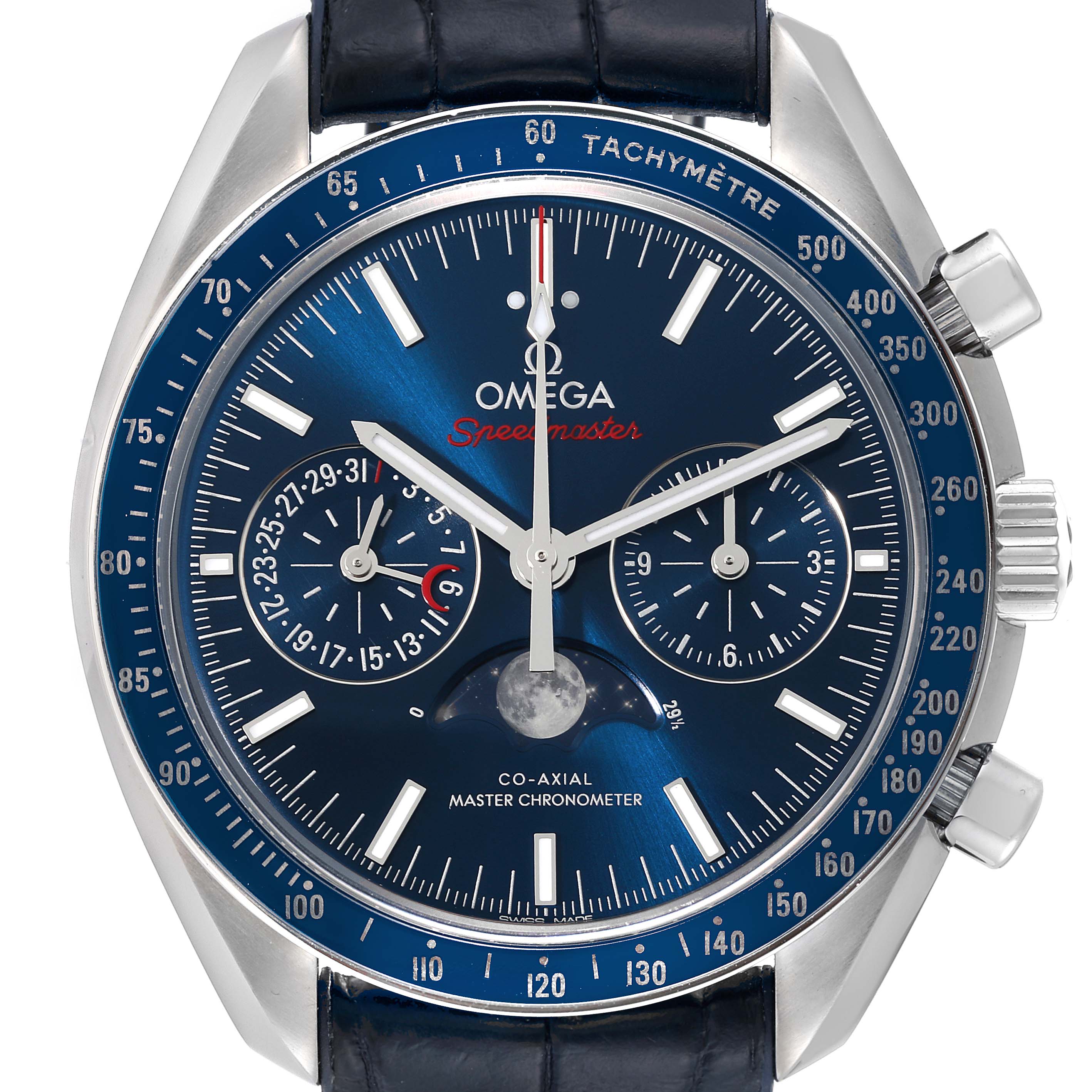 The Omega Speedmaster 304.33.44.52.03.001 Men's Stainless Steel Blue Dial 304.33.44.52.03.001 Men's Stainless Steel Blue Dial watch is shown from a front angle, displaying its face, subdials, tachymeter bezel, and crown.