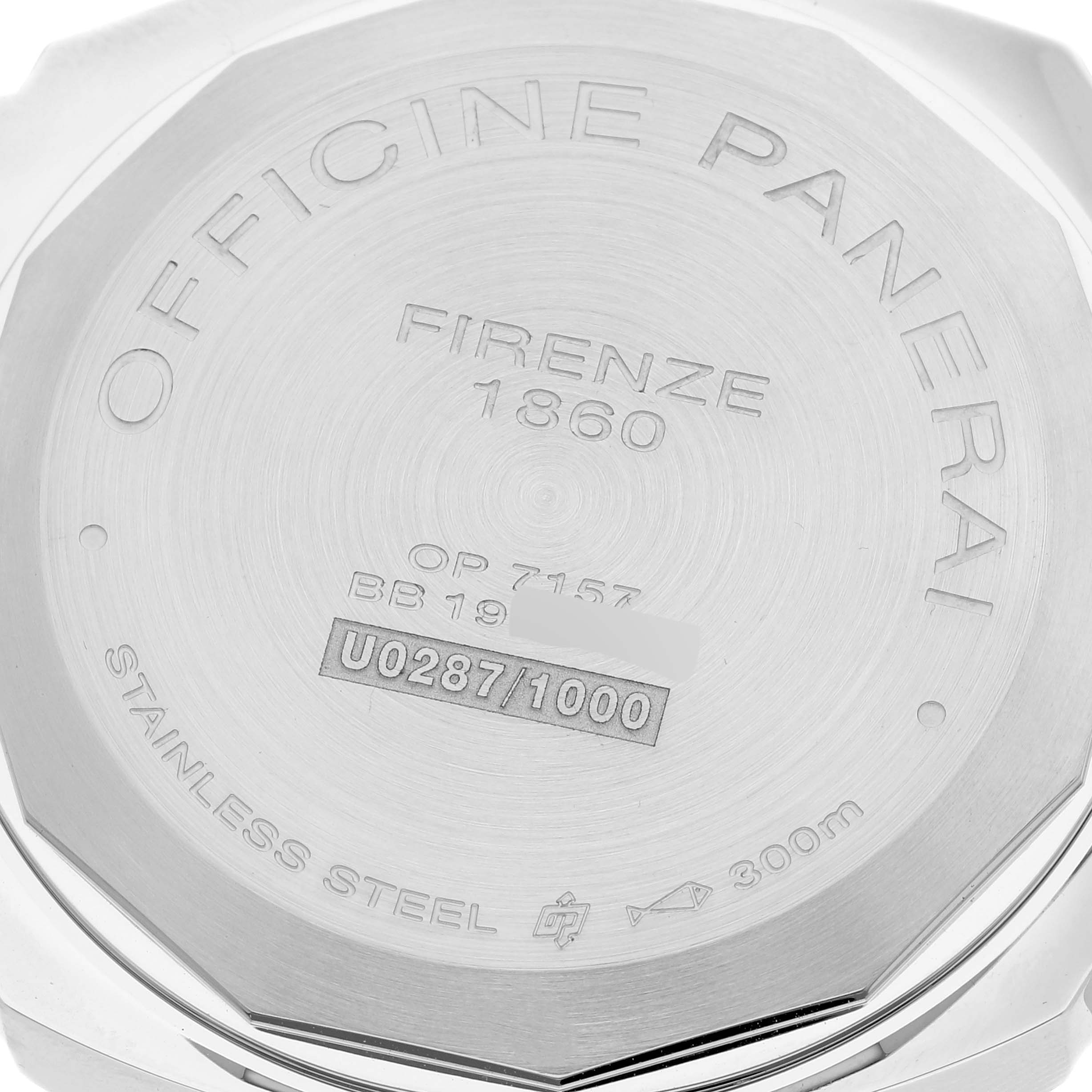 The image shows the back case of a Panerai Luminor PAM00795 Men's Stainless Steel Black Dial PAM00795 Men's Stainless Steel Black Dial watch taken from a close-up angle.