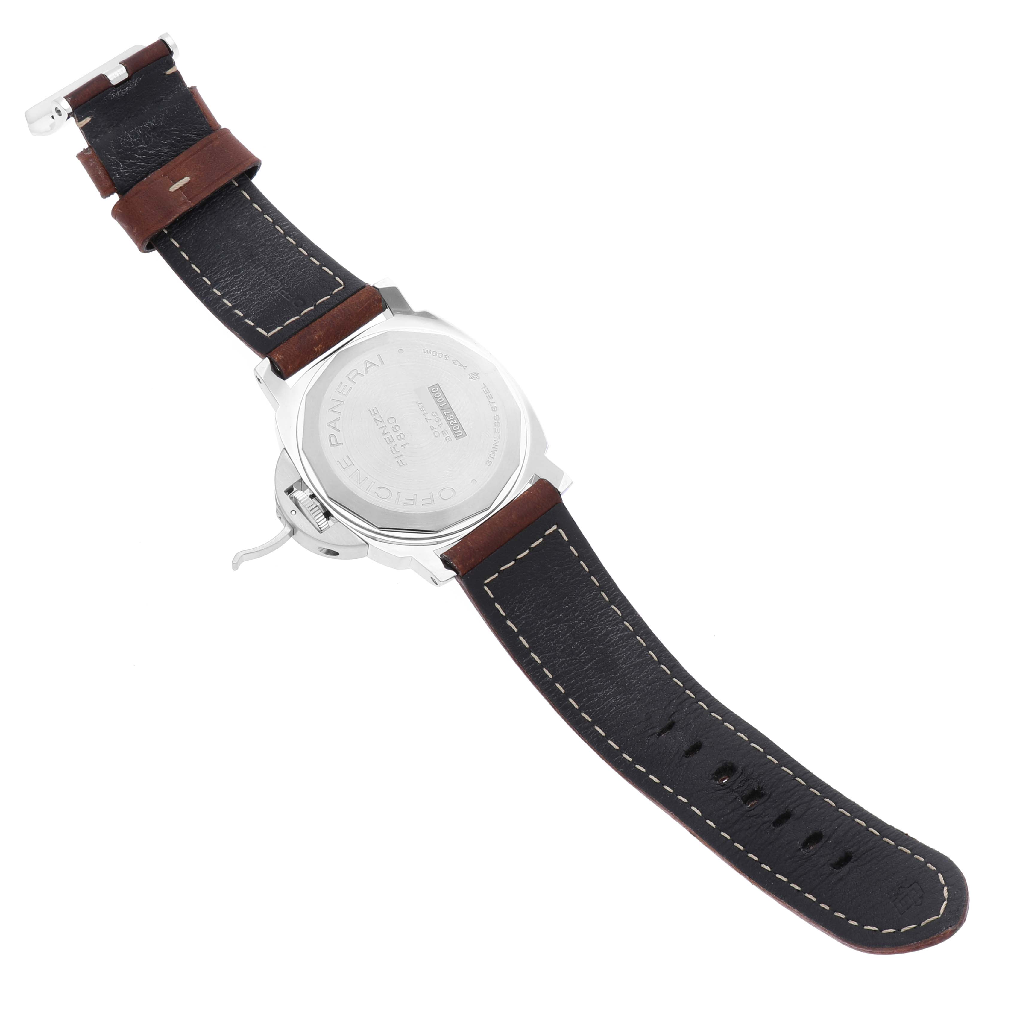 This image shows the back and leather strap of a Panerai Luminor PAM00795 Men's Stainless Steel Black Dial PAM00795 Men's Stainless Steel Black Dial watch, highlighting the case back and the crown guard.