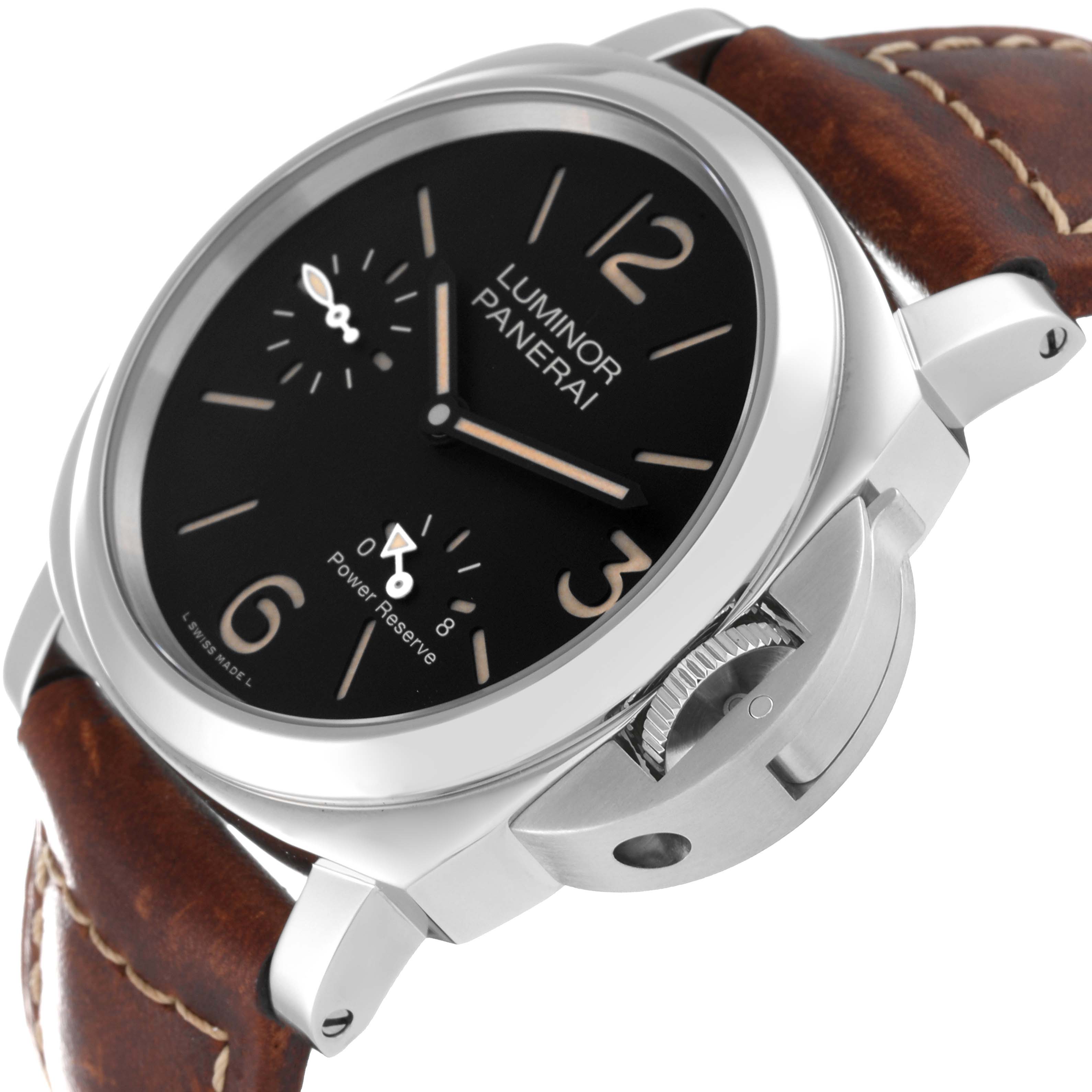 The image shows a close-up angle of the Panerai Luminor PAM00795 Men's Stainless Steel Black Dial PAM00795 Men's Stainless Steel Black Dial watch, highlighting the dial, crown guard, and leather strap.