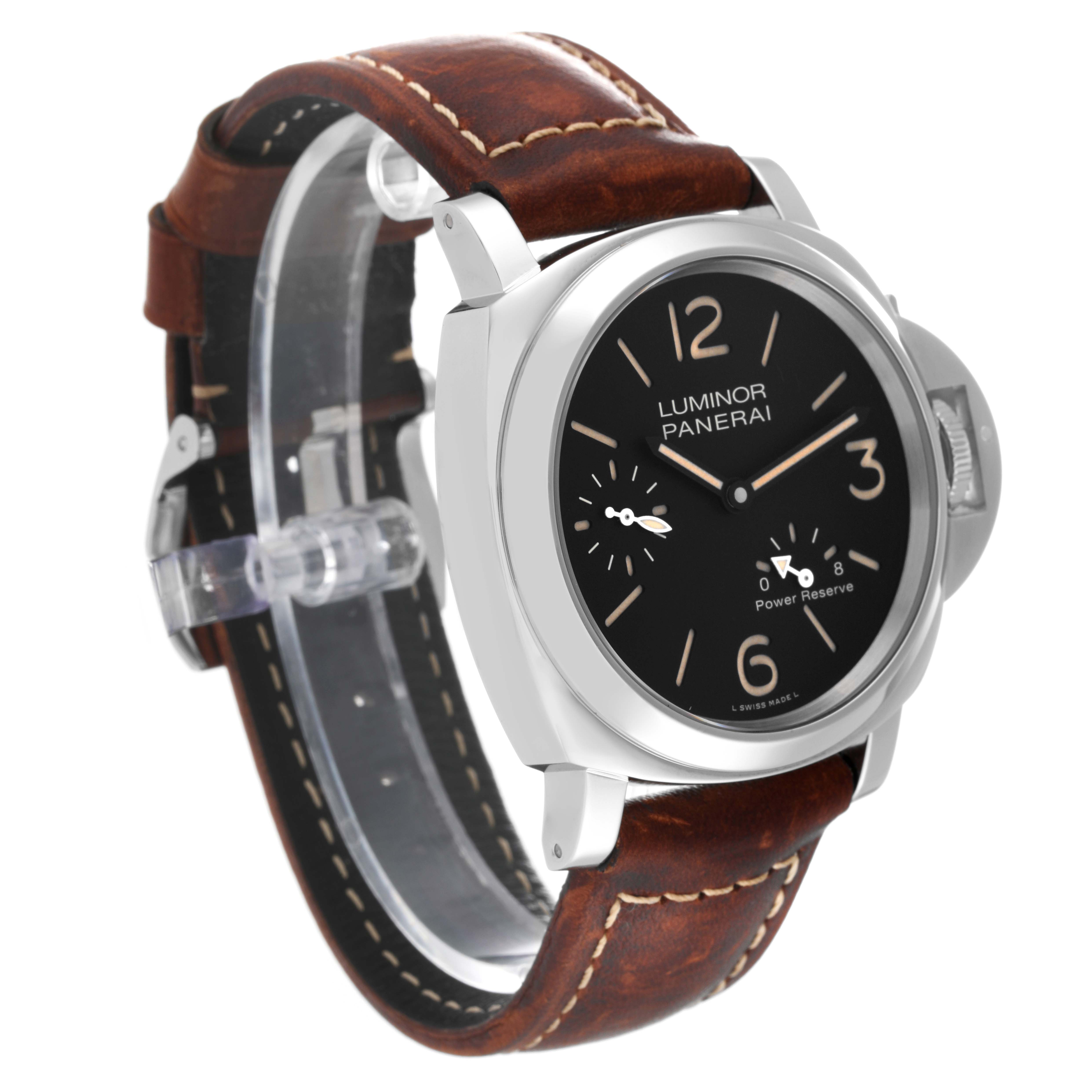 This image shows a side angle of a Panerai Luminor PAM00795 Men's Stainless Steel Black Dial PAM00795 Men's Stainless Steel Black Dial watch, displaying its case, dial, and brown leather strap.