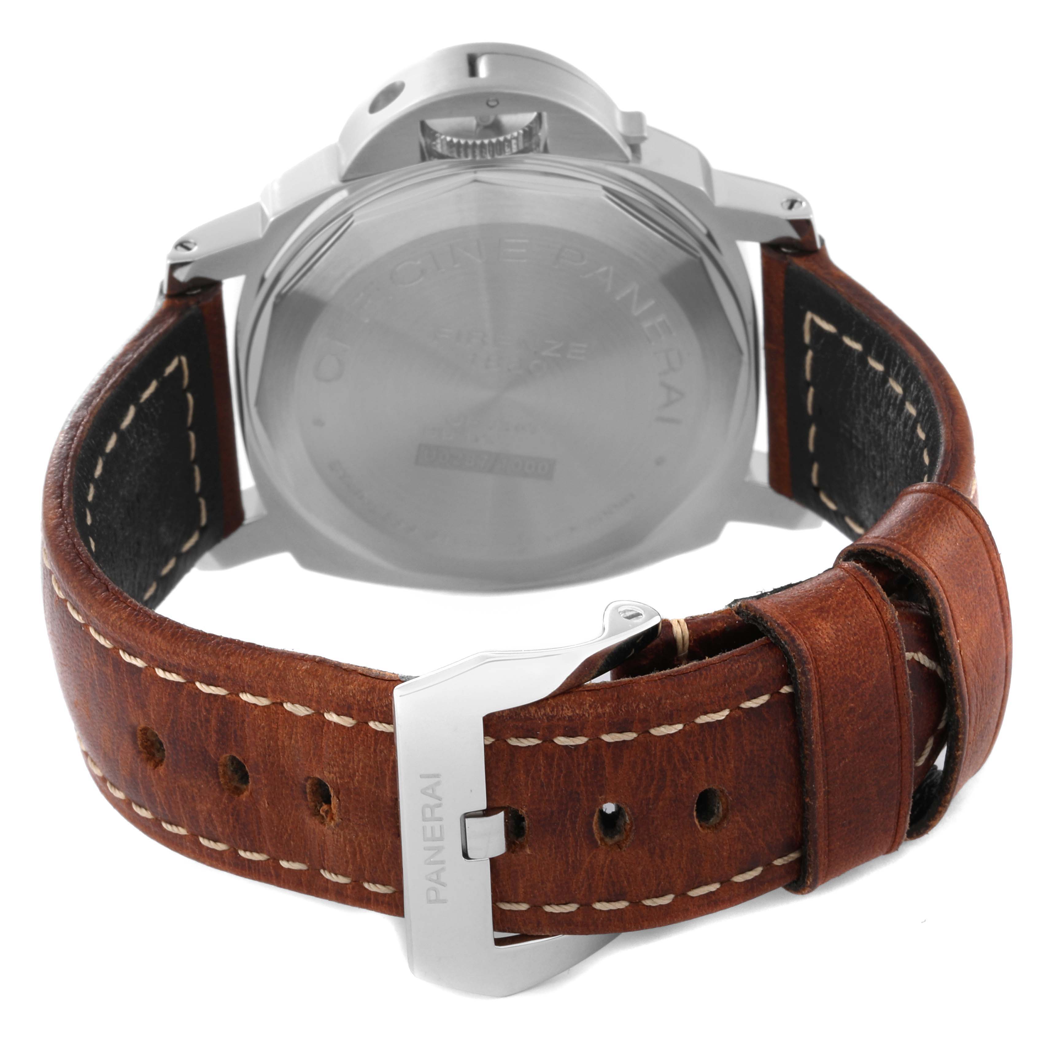 The image shows the back view of a Panerai Luminor PAM00795 Men's Stainless Steel Black Dial PAM00795 Men's Stainless Steel Black Dial watch, highlighting the case back and the leather strap with a buckle.