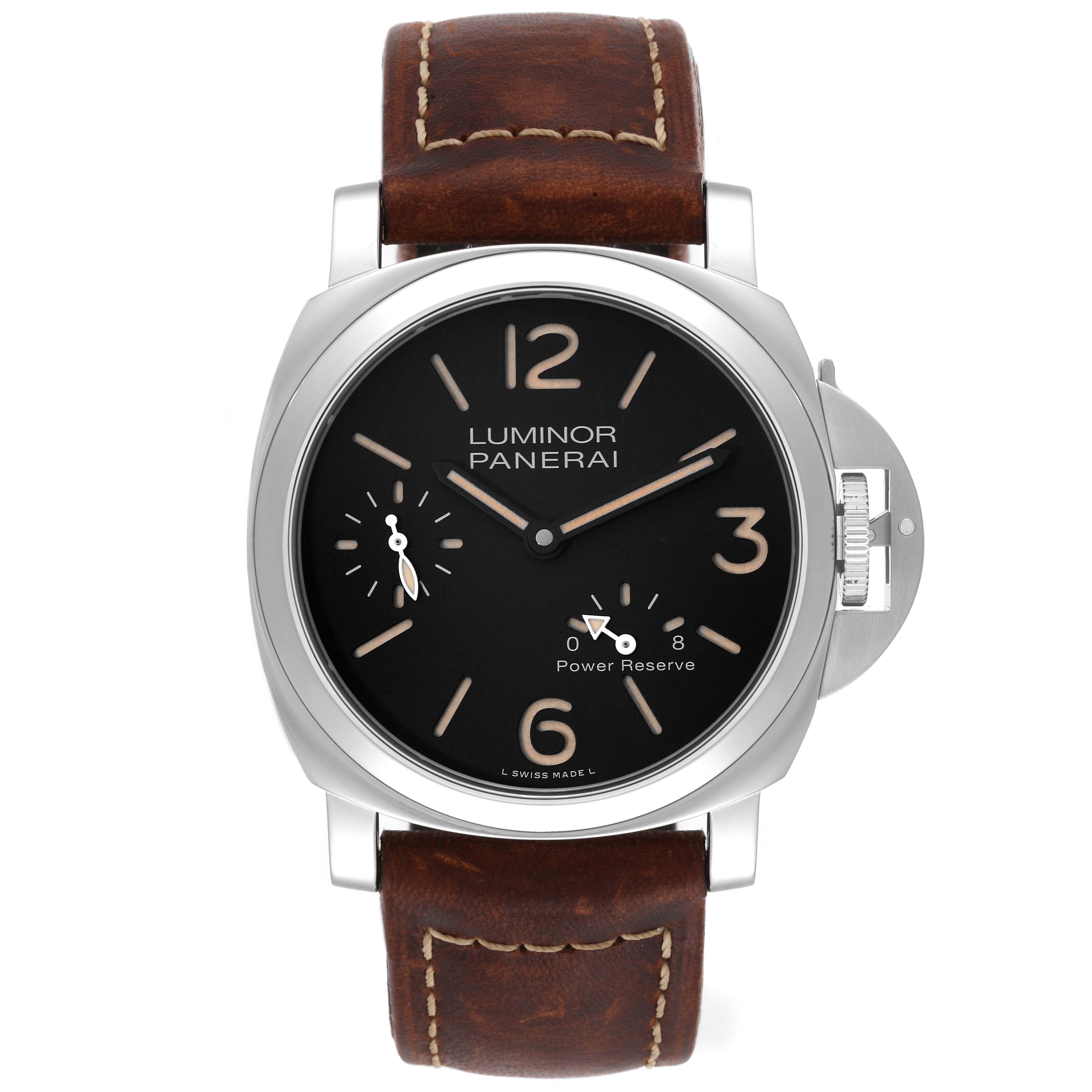 The image shows a front view of a Panerai Luminor PAM00795 Men's Stainless Steel Black Dial PAM00795 Men's Stainless Steel Black Dial watch with a black dial, leather strap, and power reserve indicator.