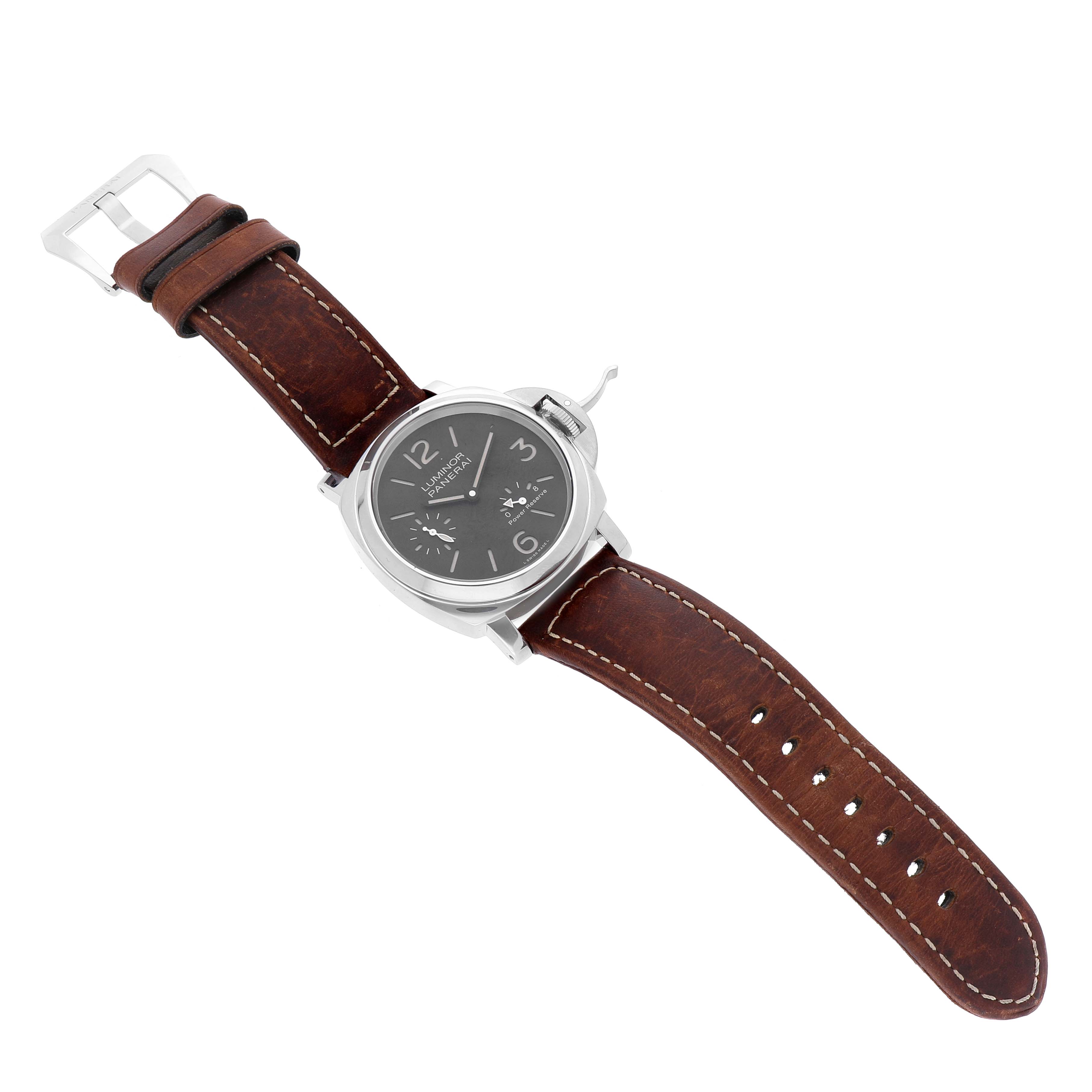 The image shows a Panerai Luminor PAM00795 Men's Stainless Steel Black Dial PAM00795 Men's Stainless Steel Black Dial watch with a brown leather strap and a silver buckle at an angled view.