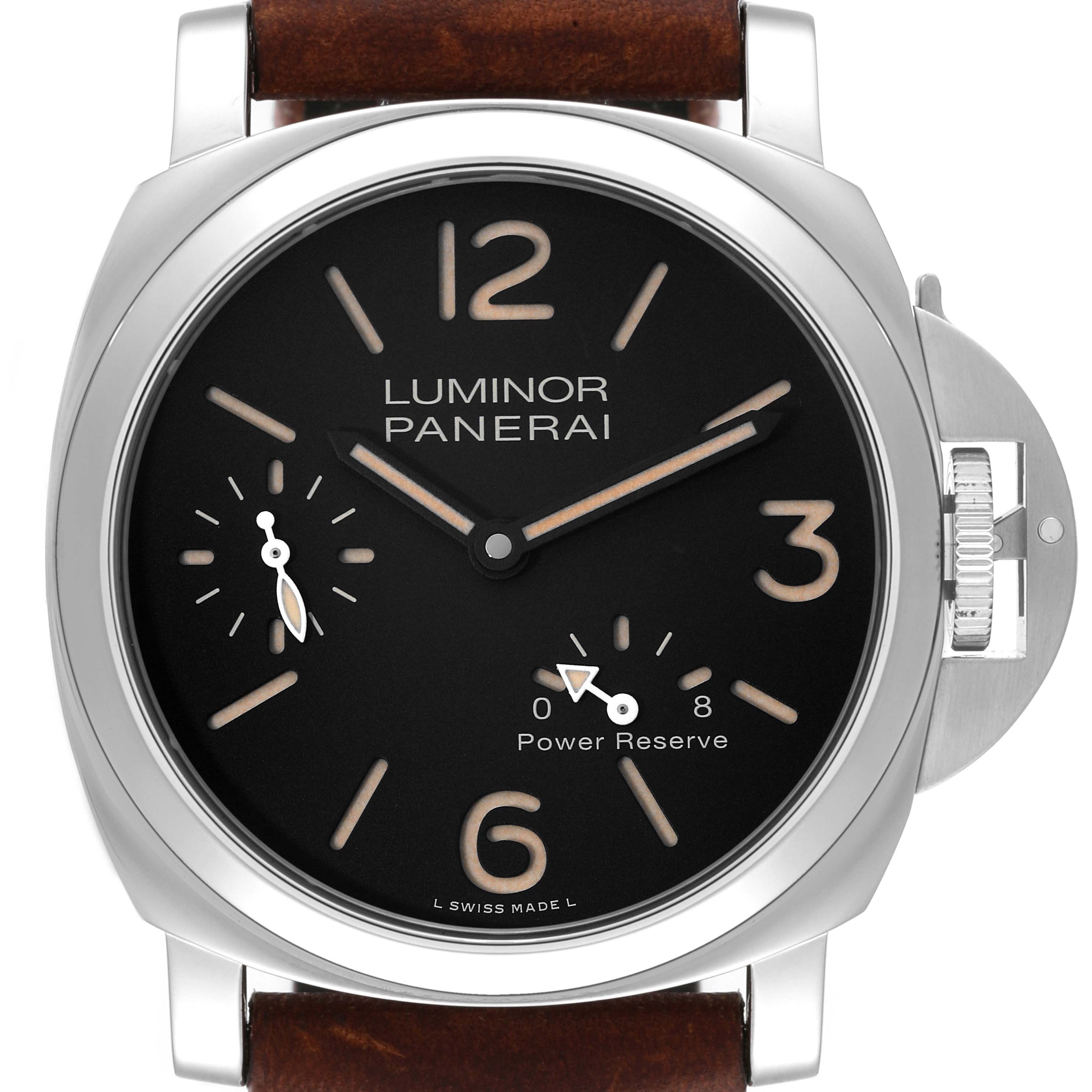 The image shows a front view of the Panerai Luminor PAM00795 Men's Stainless Steel Black Dial PAM00795 Men's Stainless Steel Black Dial watch, highlighting its dial, crown guard, and brown leather strap.