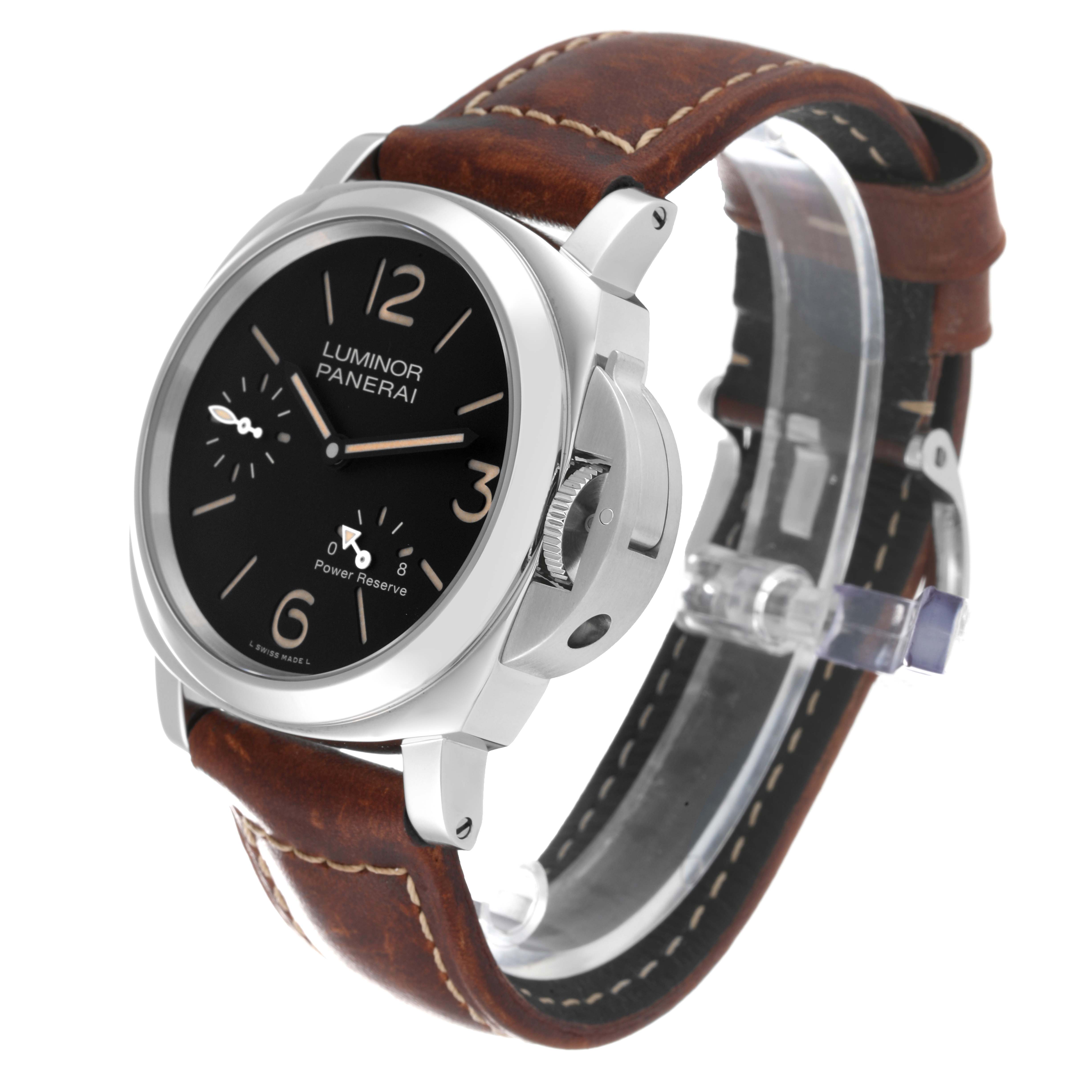 The image shows a Panerai Luminor PAM00795 Men's Stainless Steel Black Dial PAM00795 Men's Stainless Steel Black Dial watch from an angled side view, featuring its dial, crown guard, and brown leather strap.